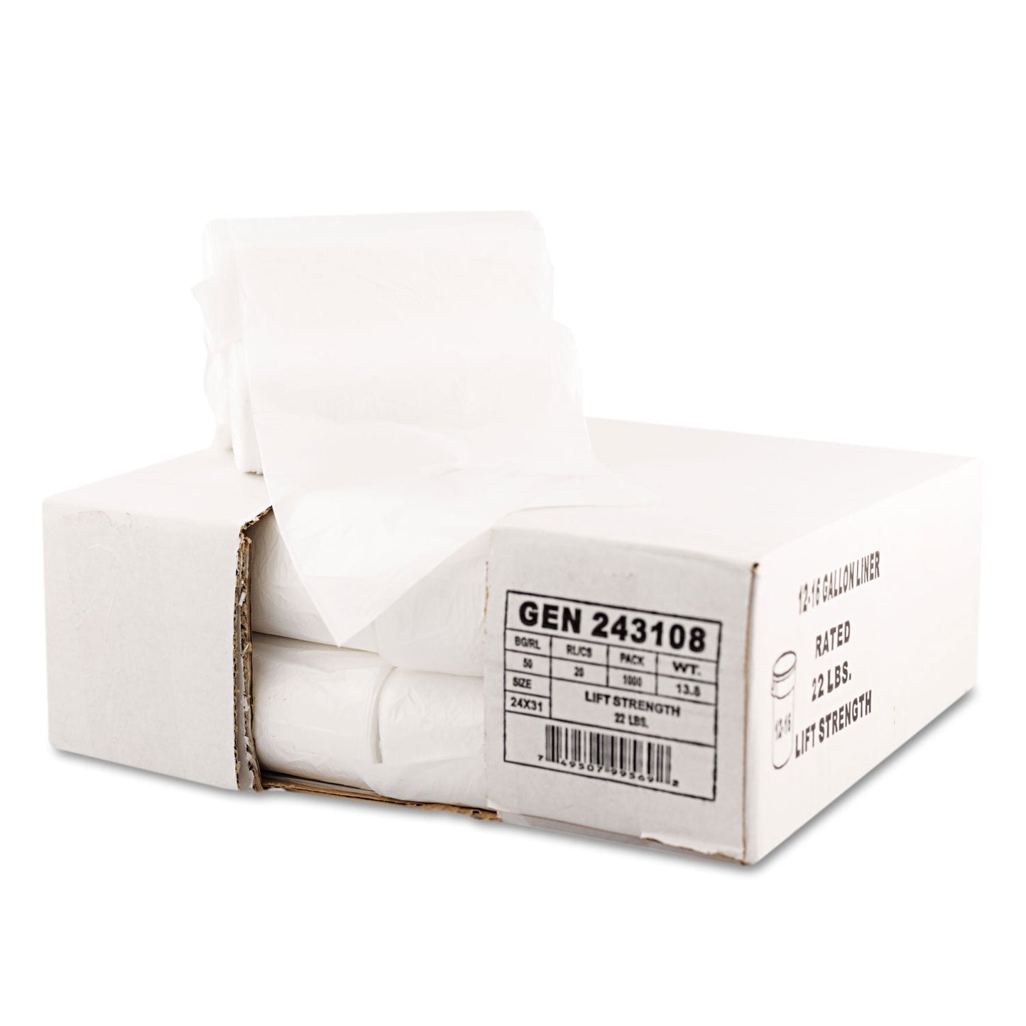 GEN High Density Can Liners, 16 gal, 7 mic, 24" x 31", Natural, 50 Bags/Roll, 20 Rolls/Carton (BWK243108)