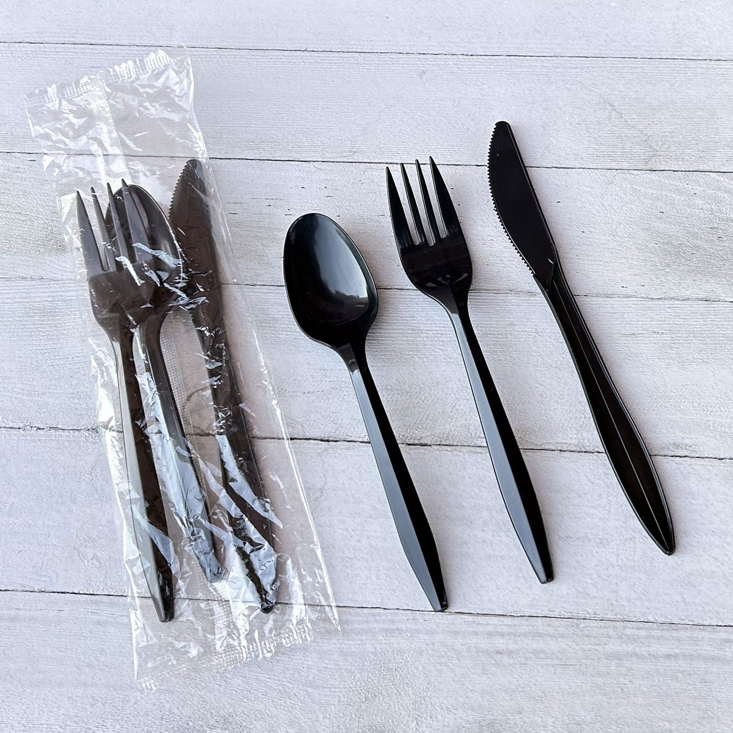 Boardwalk Three-Piece Cutlery Kit, Fork/Knife/Teaspoon, Polypropylene, Black, 250/Carton (BWK3KITBLPP)