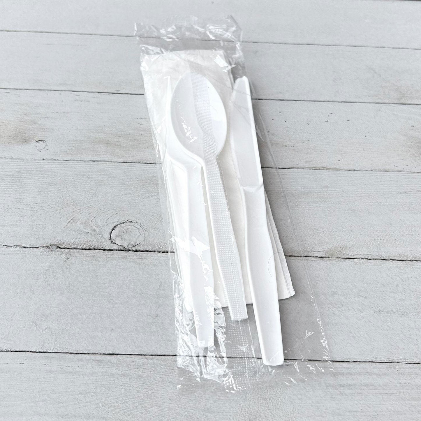 Boardwalk® Four-Piece Cutlery Kit, Fork/Knife/Napkin/Teaspoon, Mediumweight, Polystyrene, White, 250/Carton (BWK4KITWHPS)