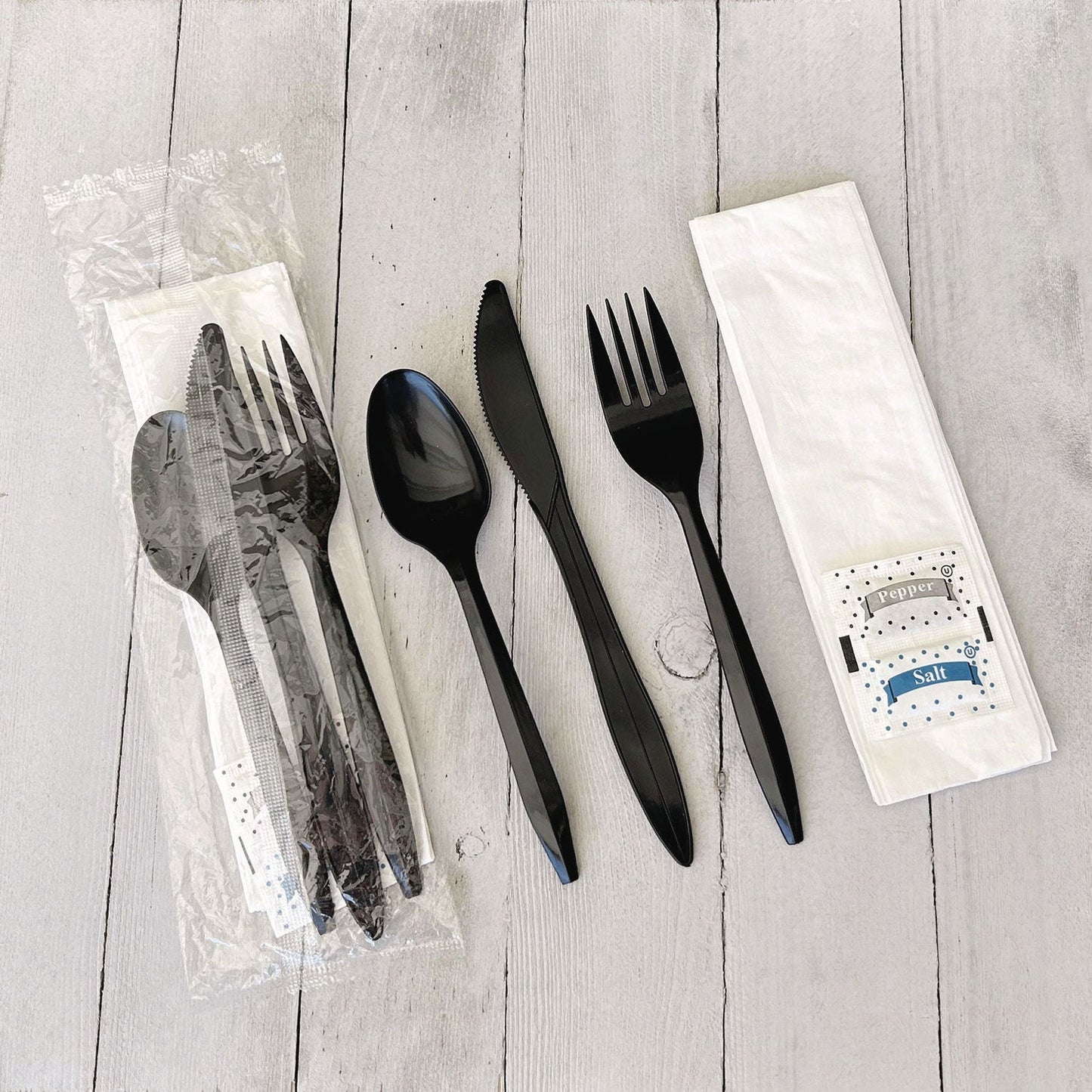 Boardwalk Six-Piece Cutlery Kit, Fork/Knife/Napkin/Pepper/Salt/Spoon, Black, 250/Carton (BWKCOMBO6KIT)