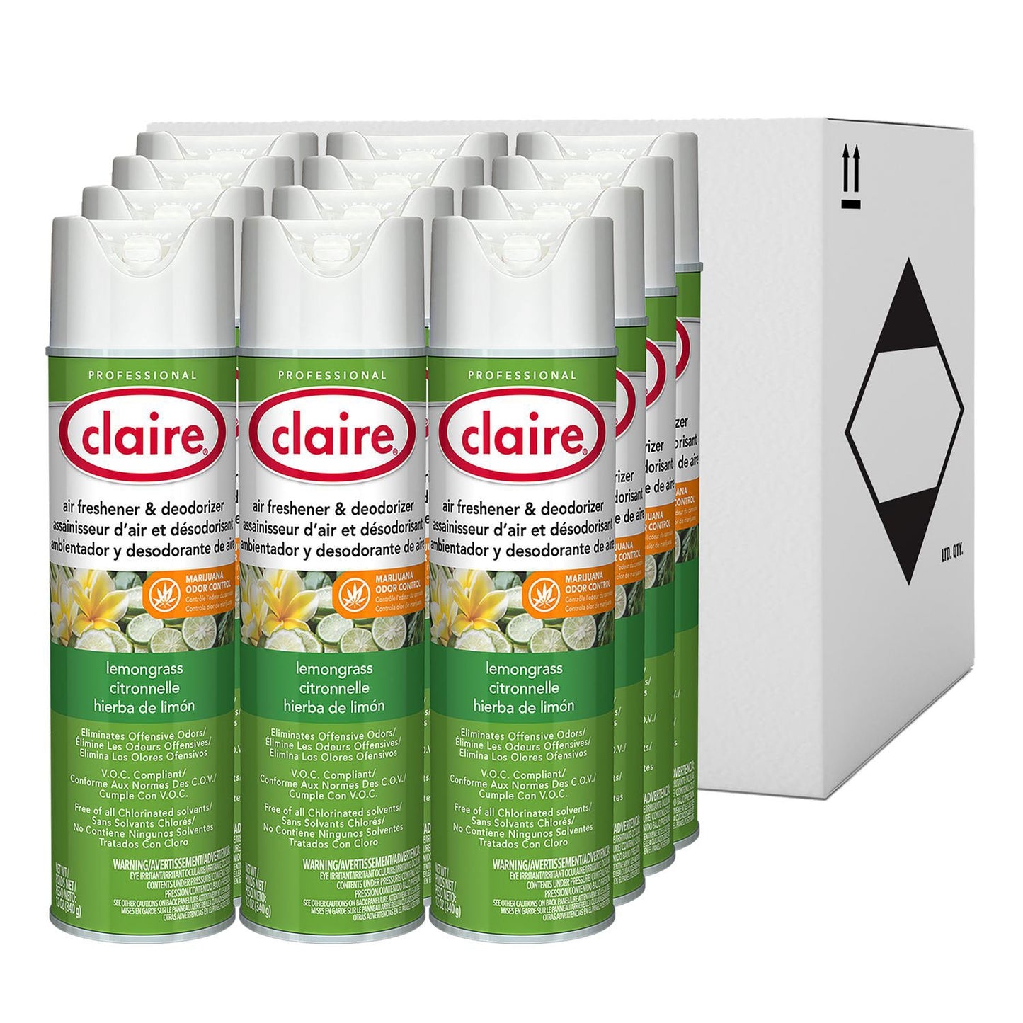 Claire Aerosol Air Freshener and Deodorizer, Lemongrass Citronella, 12 oz Aerosol Spray, 12 Cans (CGC1307)