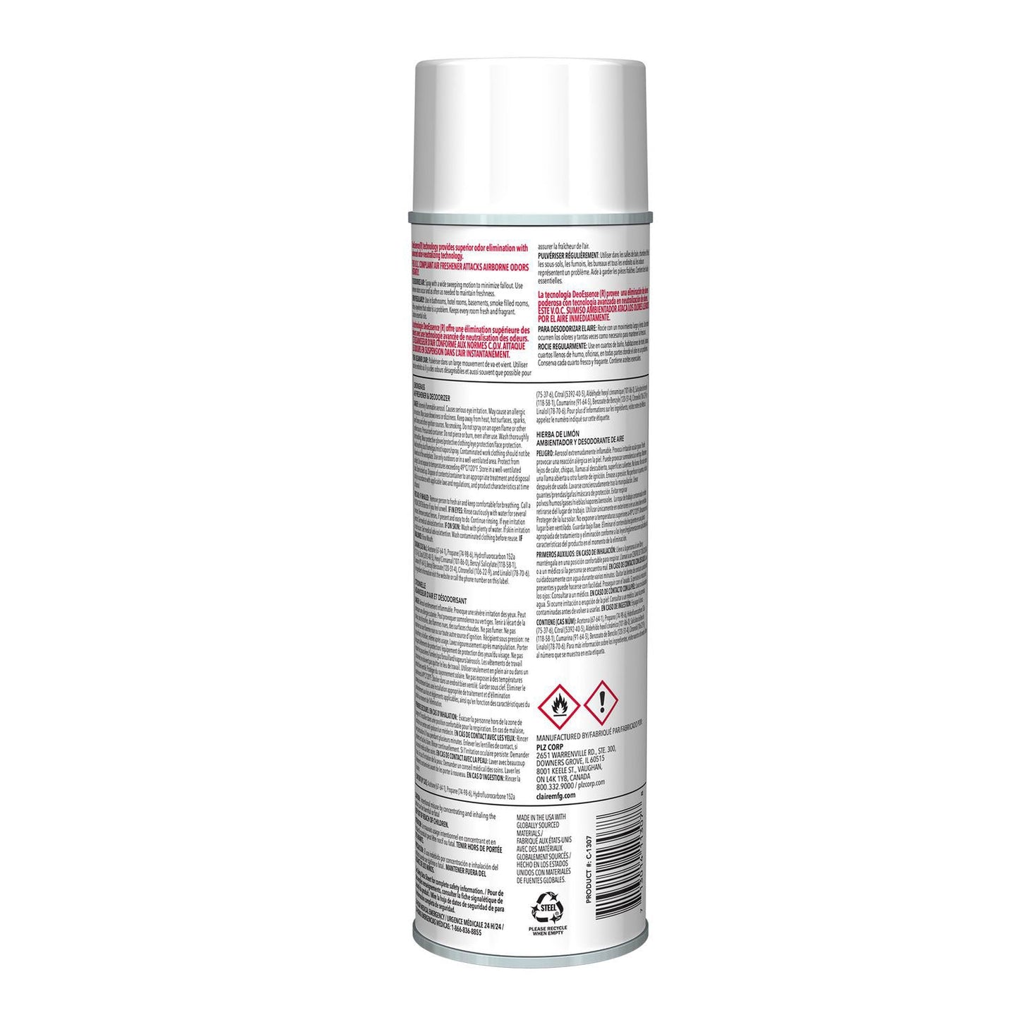 Claire Aerosol Air Freshener and Deodorizer, Lemongrass Citronella, 12 oz Aerosol Spray, 12 Cans (CGC1307)
