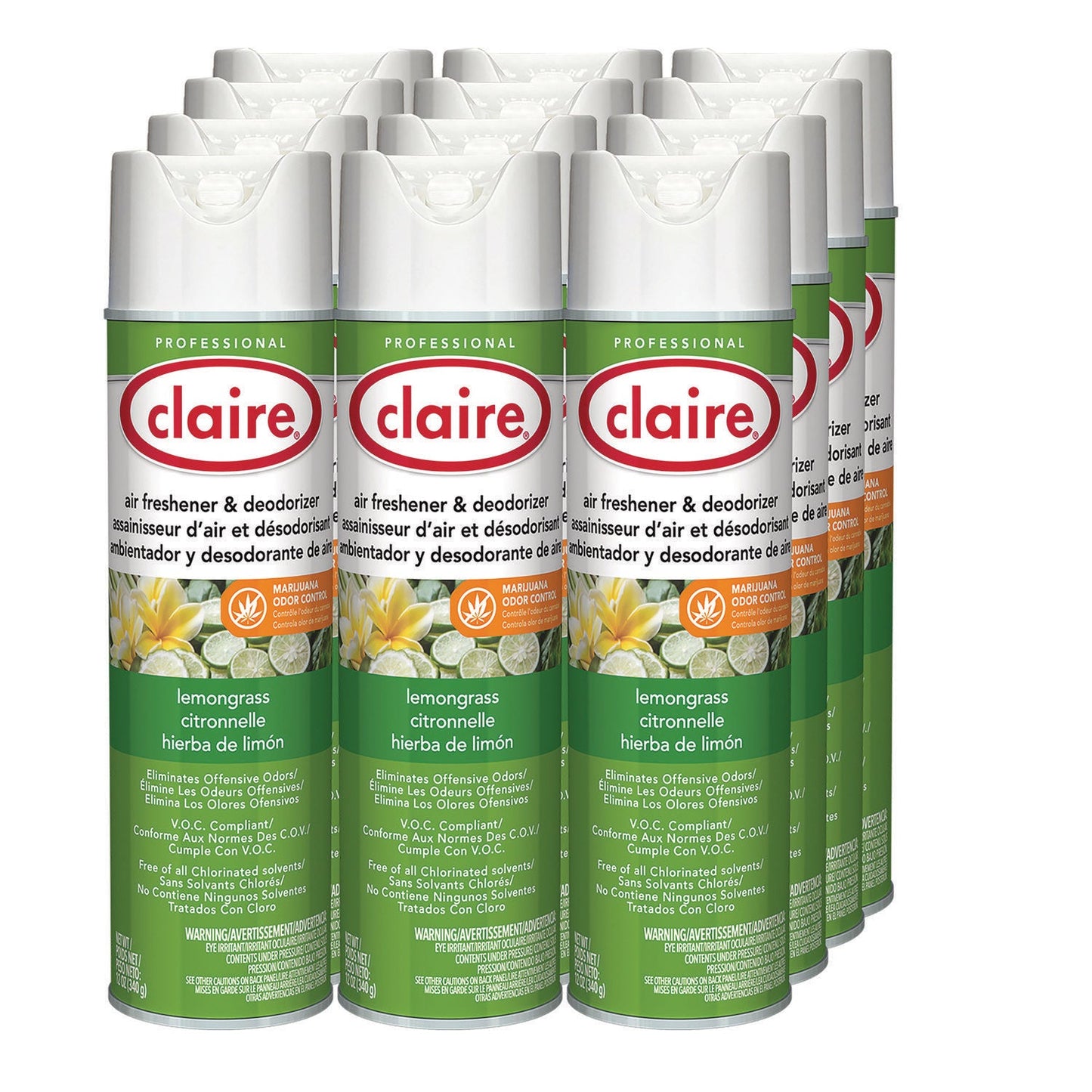 Claire Aerosol Air Freshener and Deodorizer, Lemongrass Citronella, 12 oz Aerosol Spray, 12 Cans (CGC1307)