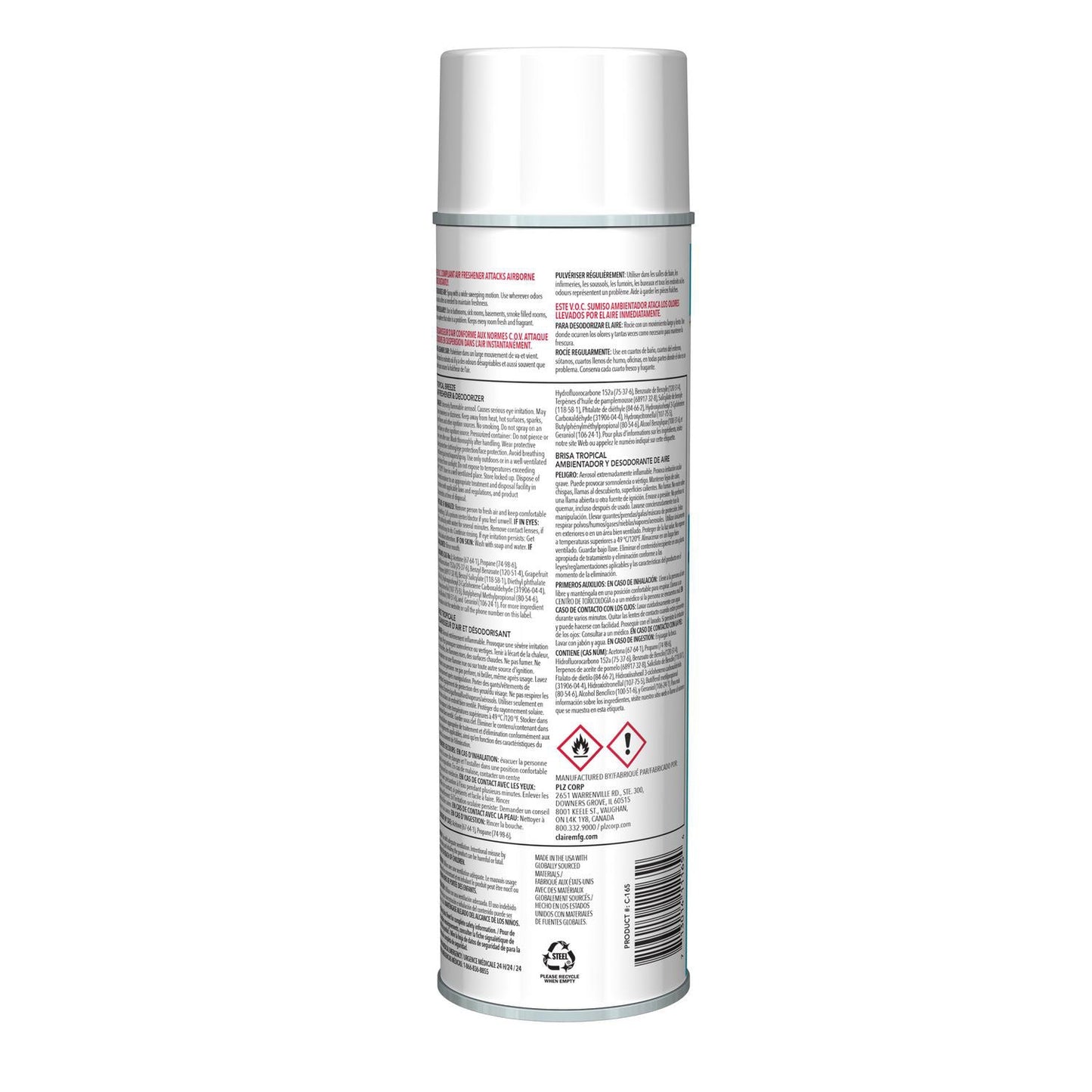 Claire Aerosol Air Freshener and Deodorizer, Tropic Breeze, 10 oz Aerosol Spray, 12 Cans (CGC165)