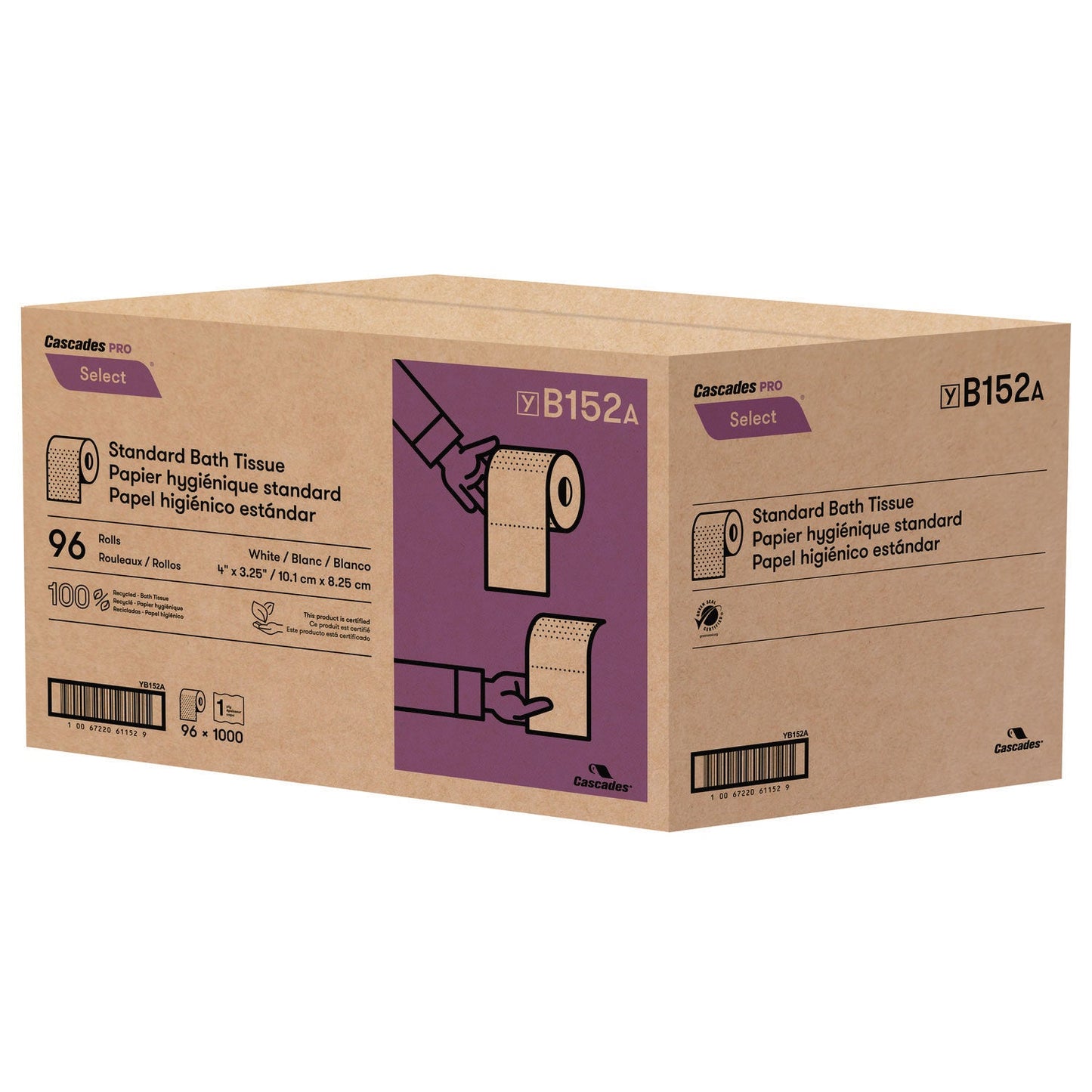 Cascades Select Standard Bath Tissue, 1-Ply, White, 1,000/Roll, 96 Rolls/Carton (CSDB152)