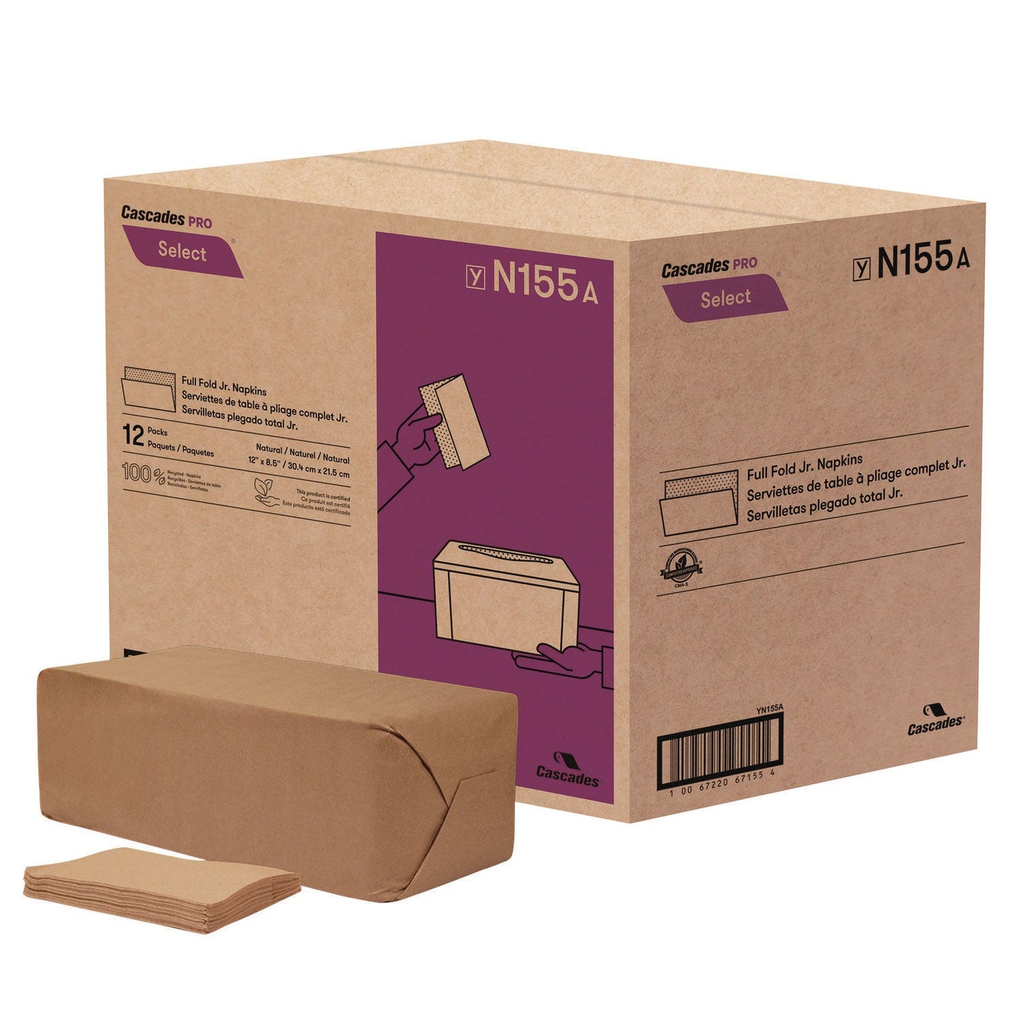 Cascades Select Full Fold II Napkins, 1-Ply, 12 x 8.5, White, 800/Pack, 12 Packs/Carton (CSDN155)