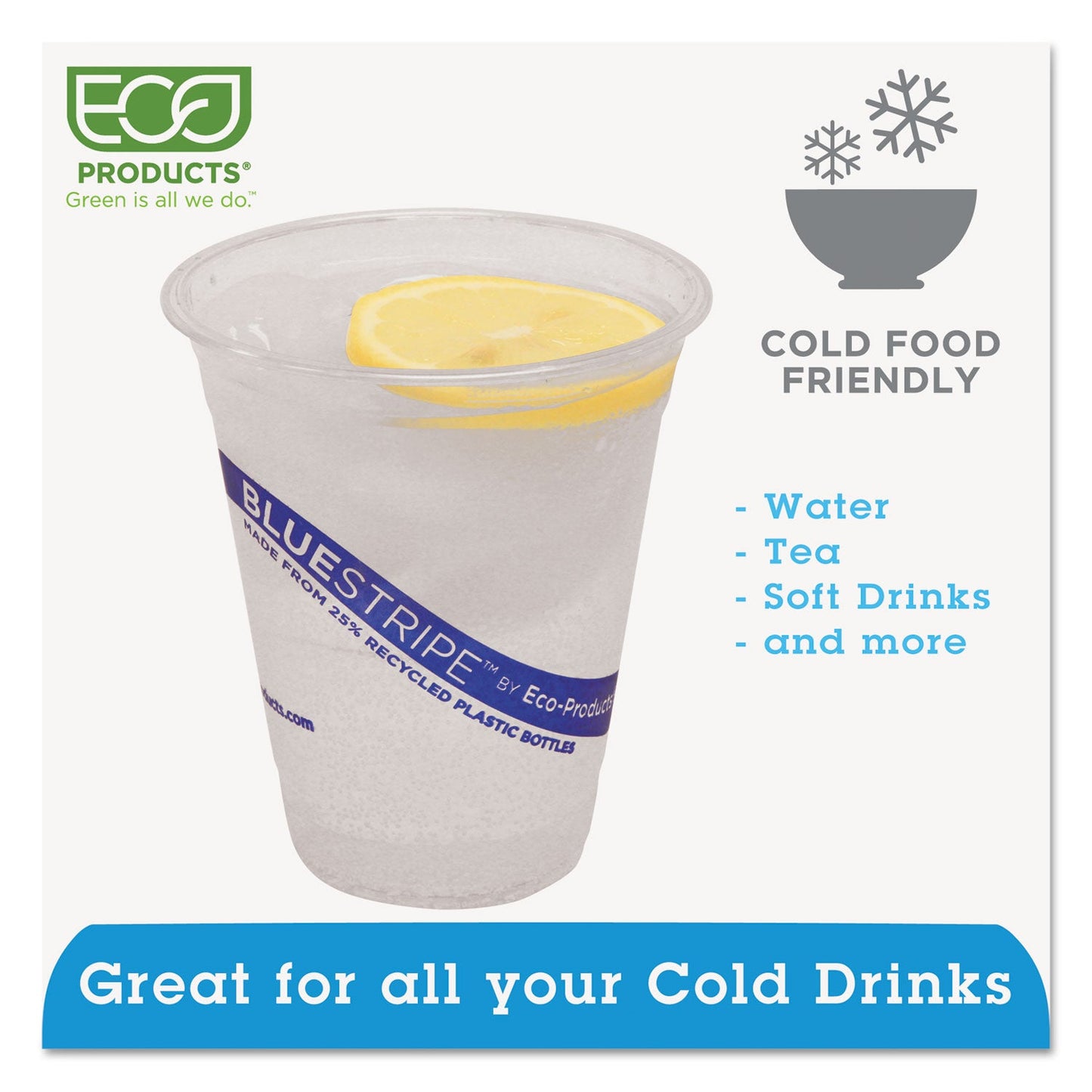 Eco-Products BlueStripe 25% Recycled Content Cold Cups, 12 oz, Clear/Blue, 50/Pk, 20 Pk/Ct (ECOEPCR12)