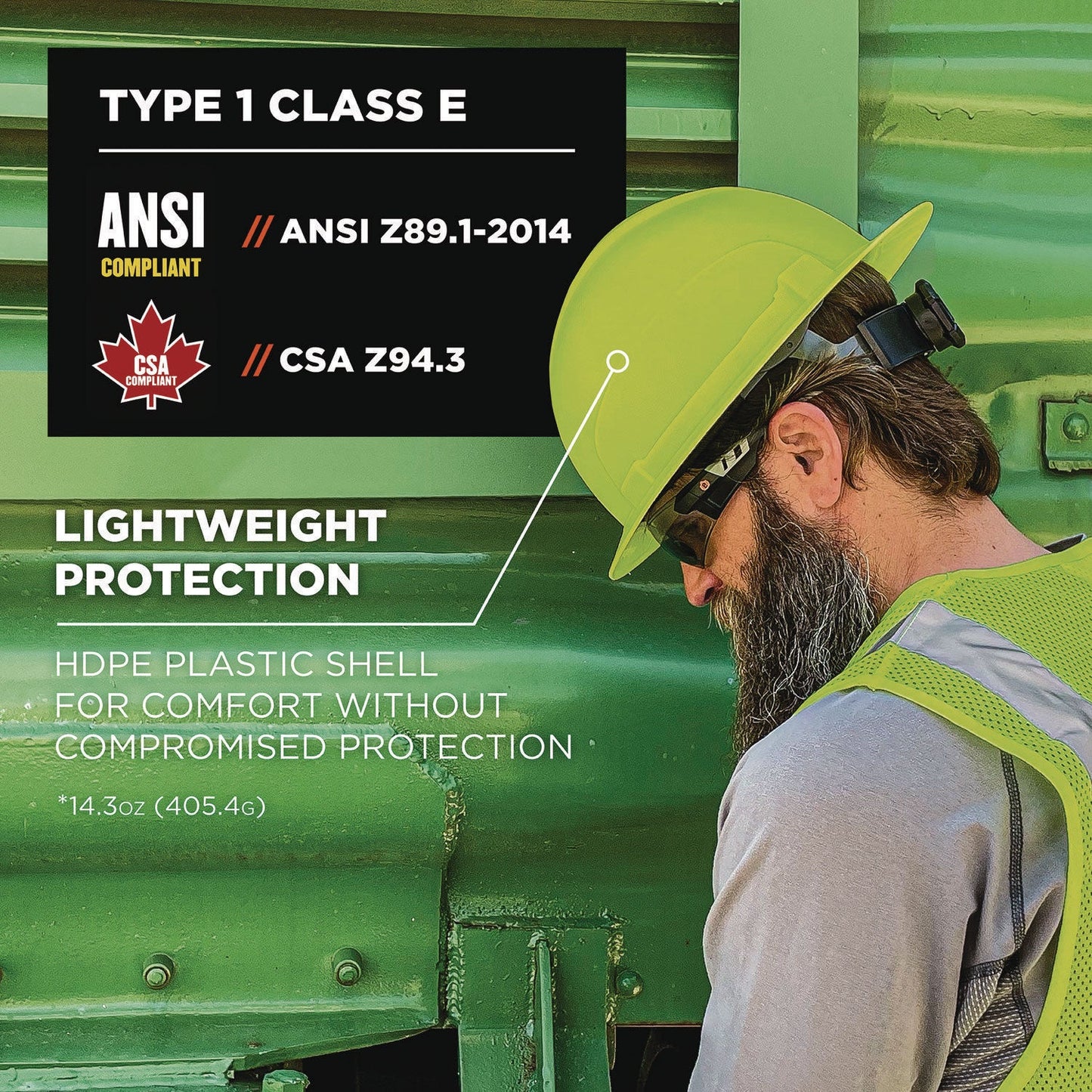 Ergodyne Skullerz 8969 Class E Lightweight Full Brim Hard Hat, 6-Point Rachet Suspension, Lime (EGO60232)