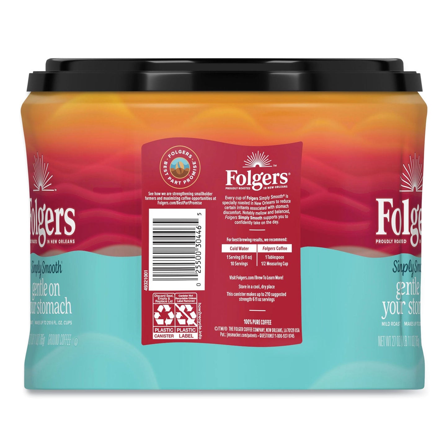 Folgers Simply Smooth Ground Coffee, Gentle On Your Stomach, 27 oz Canister, 6/Carton (FOL30446CT)