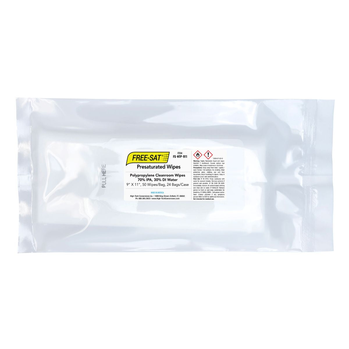 High-Tech Conversions FREE-SAT® Non-Sterile Pre-Saturated Poly-Cellulose Cleanroom Wipes, 70% IPA, 9"x11", 50/Bag (HOSFS-NTP-911)