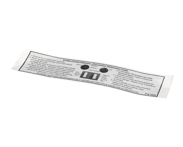 Crathco Grindmaster Cecilware 1940 Decal, Maintenance Guide (GM1940)