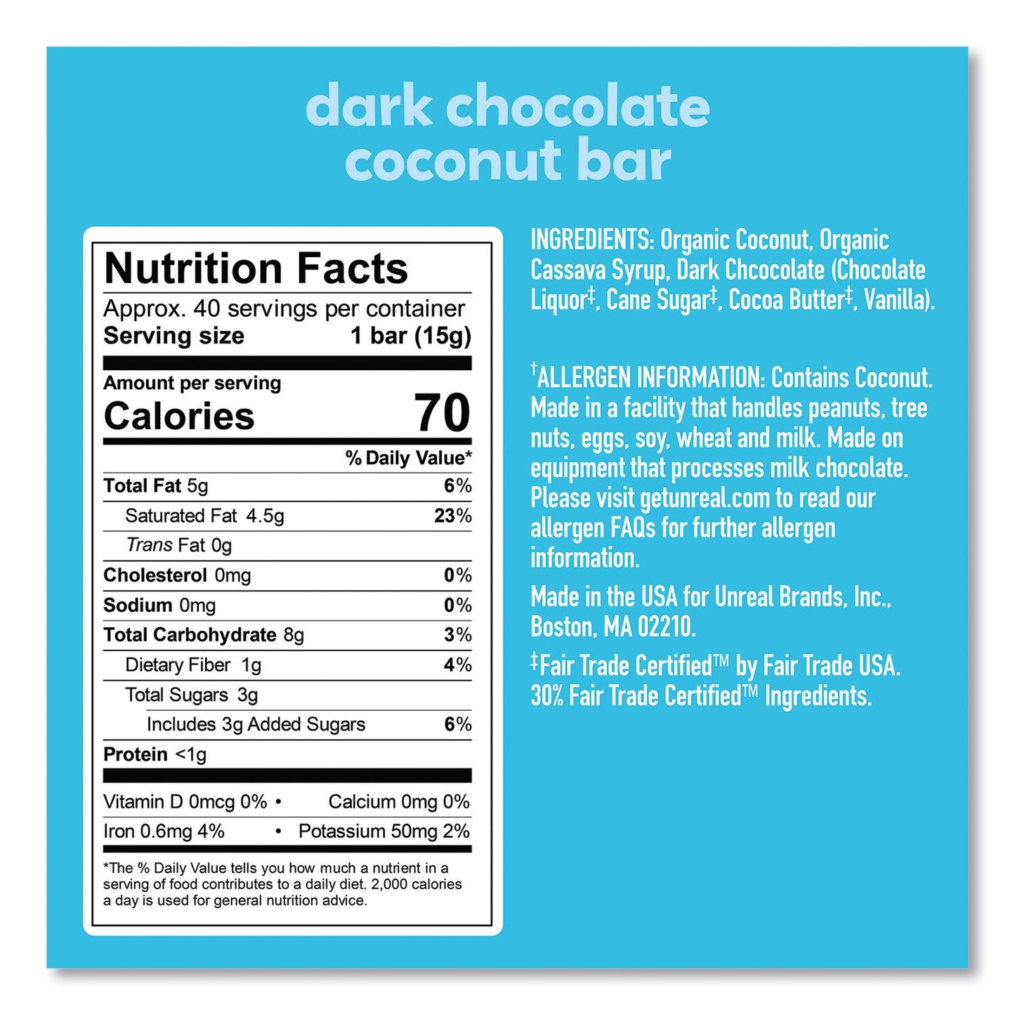 Unreal Dark Chocolate Coconut Bars, 0.53 oz, Individually Wrapped, 40/Pack (GRR22002087)