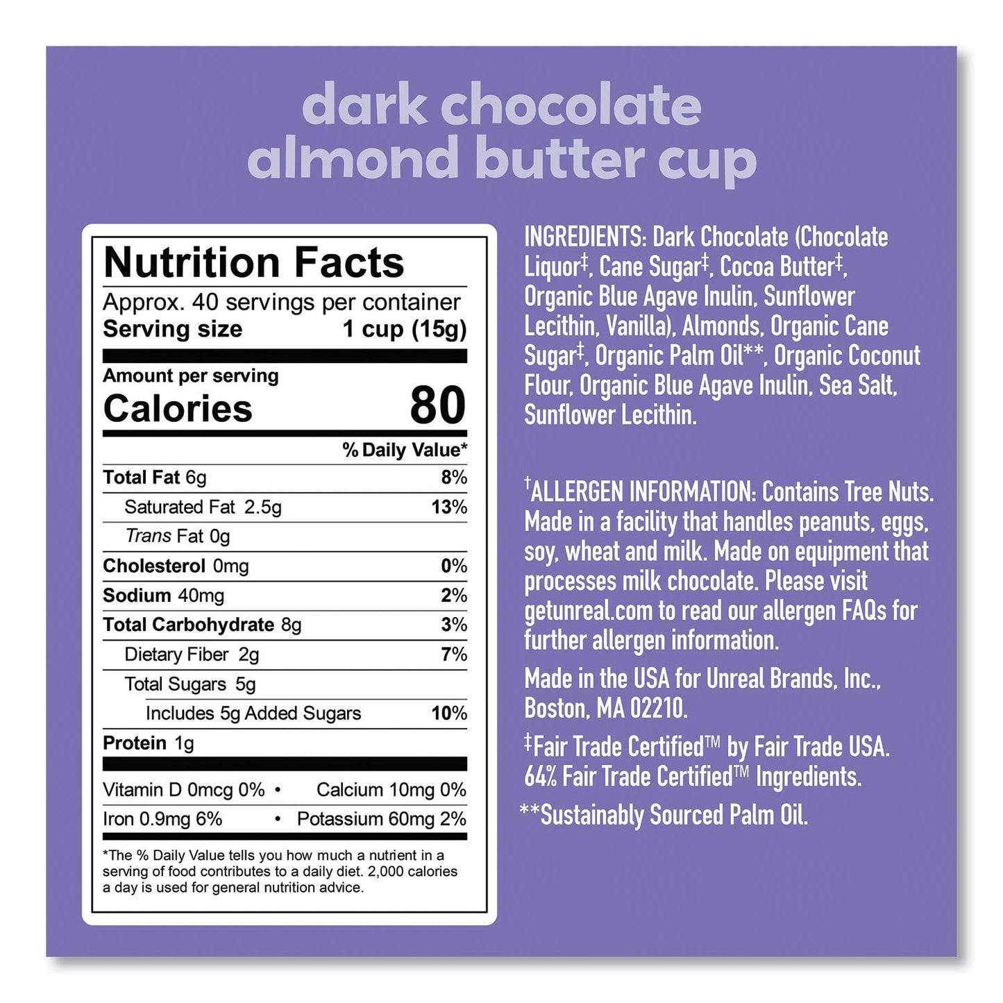 Unreal Dark Chocolate Almond Butter Cups, 0.53 oz, Individually Wrapped, 40/Pack (GRR22002089)