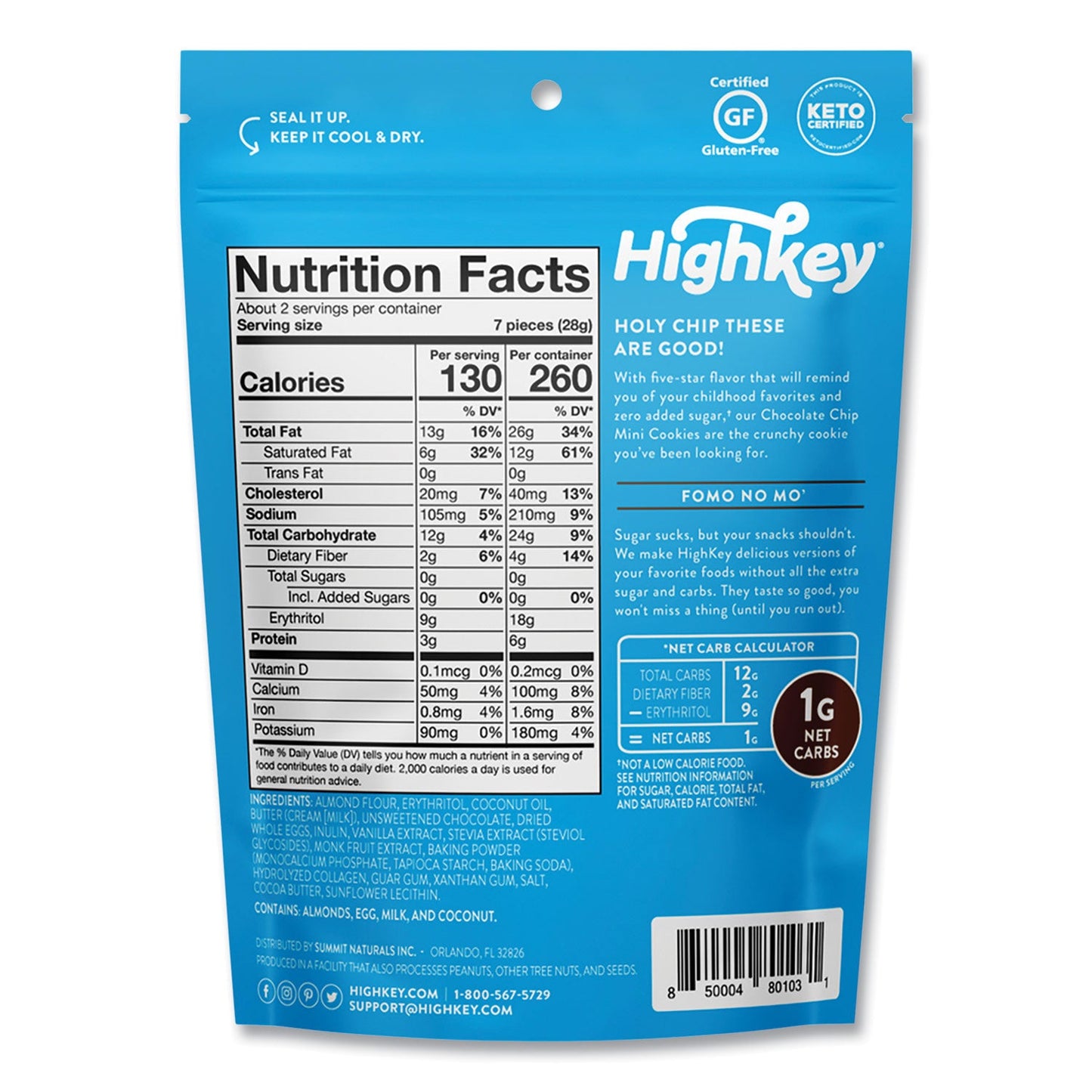 HighKey Chocolate Chip Cookies, 2 oz, Bag, 6/Carton (GRR60000270)
