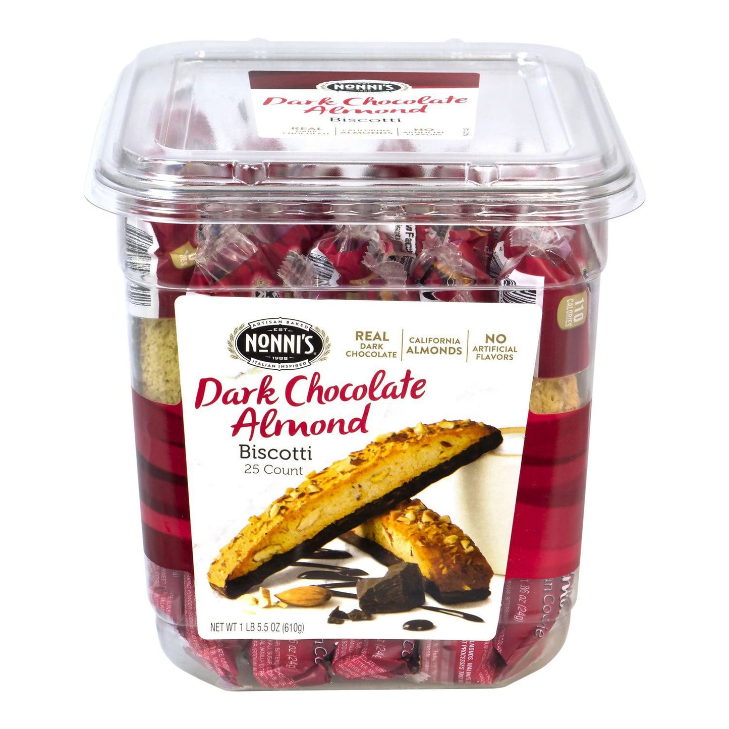 Nonni's Biscotti, Dark Chocolate Almond, 0.88 oz Packet, 25/Tub, 2 Tubs/Carton (GRR60004079)