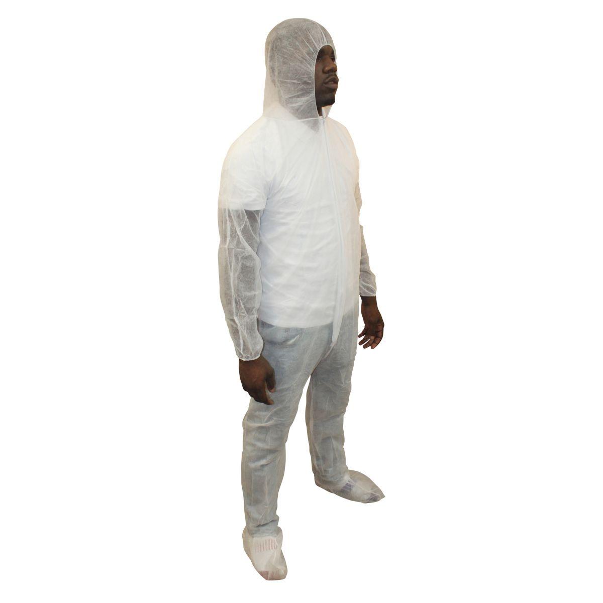 Safety Zone® PolyLite® Coveralls w/ Zip Front, Attached Hood & Boots, Elastic Wrists, White, 25/Case, 4XL (SZNM1500-4X)