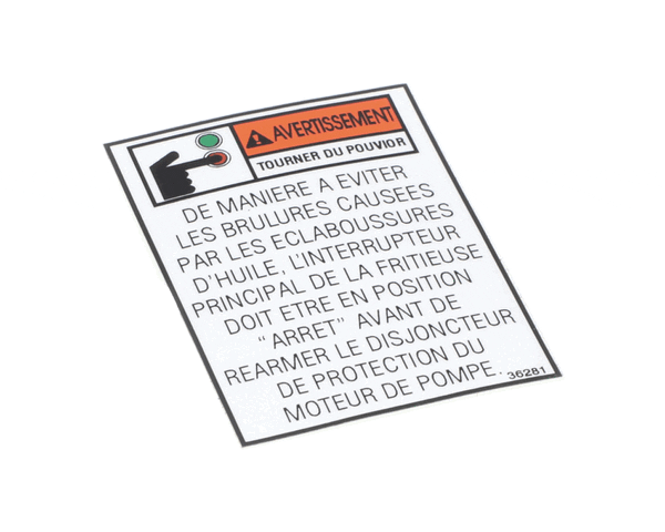 Henny Penny 36281 Label-Warning Pump Motor Fr. (HEN36281)