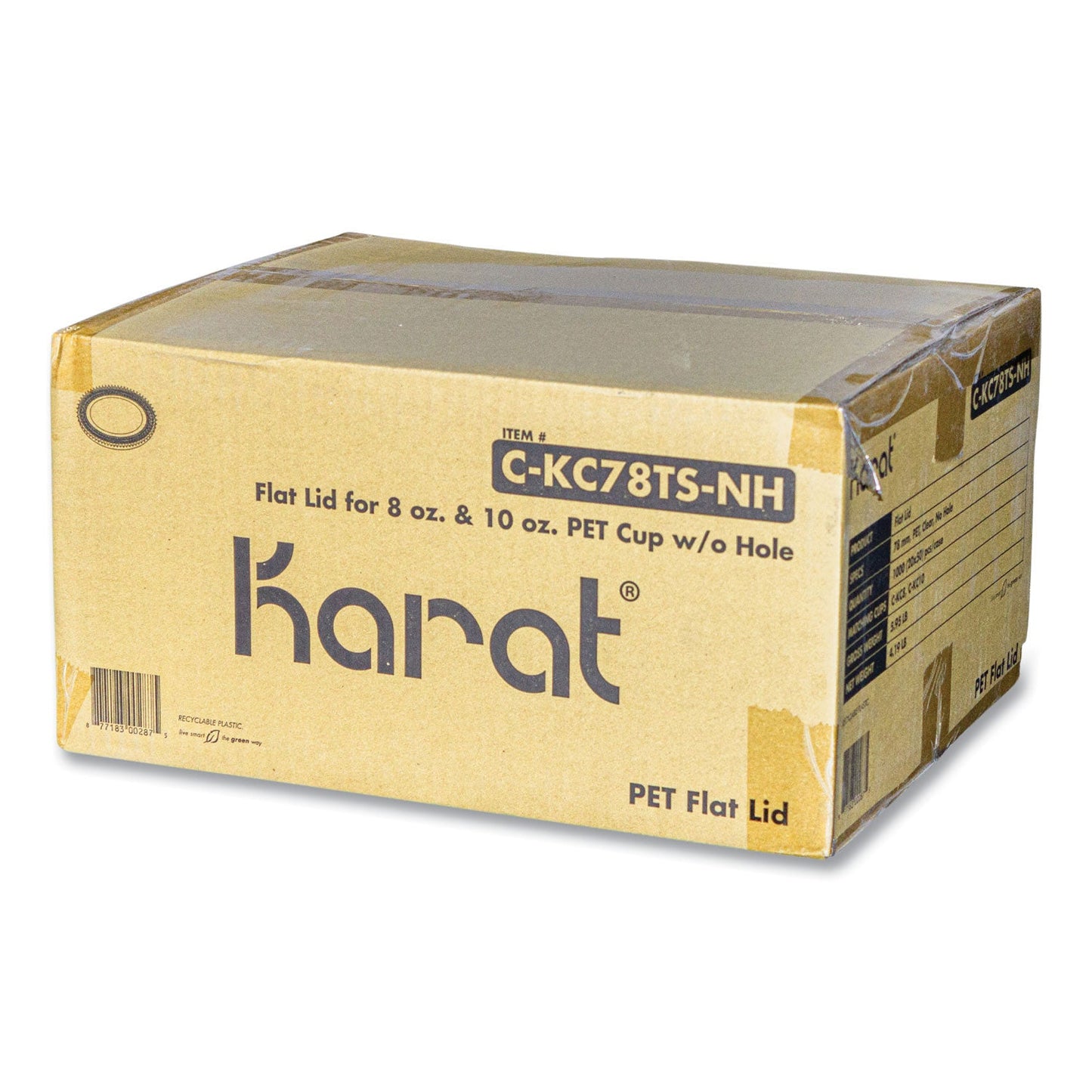 Karat PET Lids, Fits 8 oz to 10 oz Cold Cups, No Hole Flat Lid, Clear, 1,000/Carton (KRTCKC78TSNH)