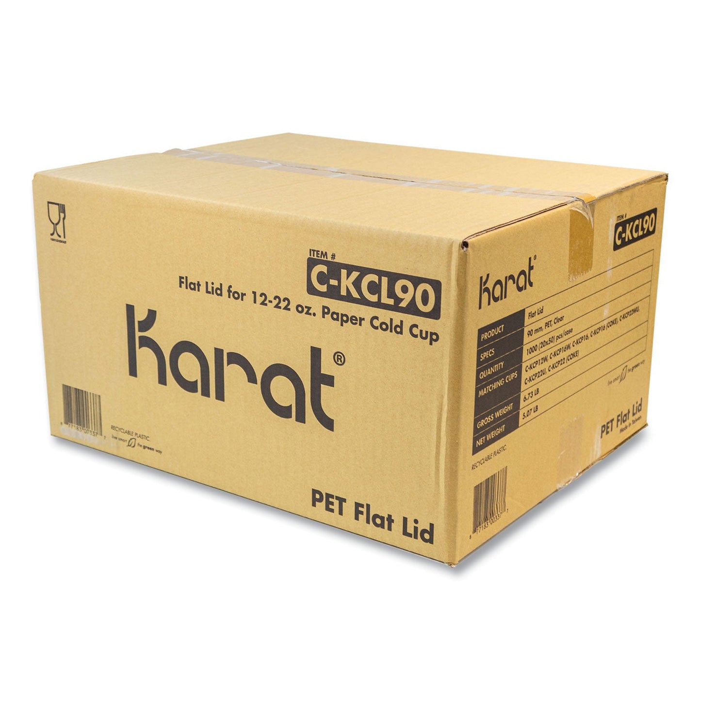 Karat PET Lids, Fits 12 oz to 22 oz Double Poly Paper Cold Cups, Flat Lid, Clear, 1,000/Carton (KRTCKCL90)
