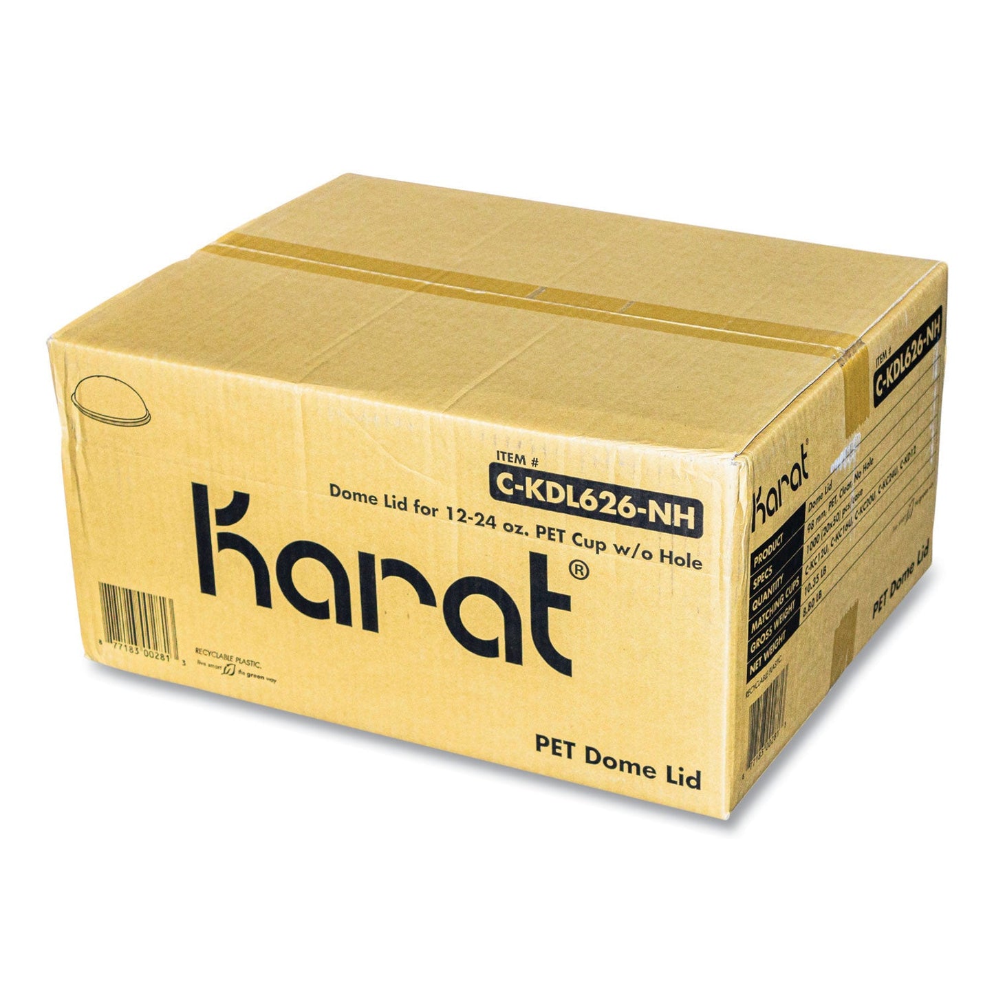 Karat PET Lids, Fits 12 oz to 24 oz Cold Cups, No Hole Dome Lid,,Clear, 1,000/Carton (KRTCKDL626NH)