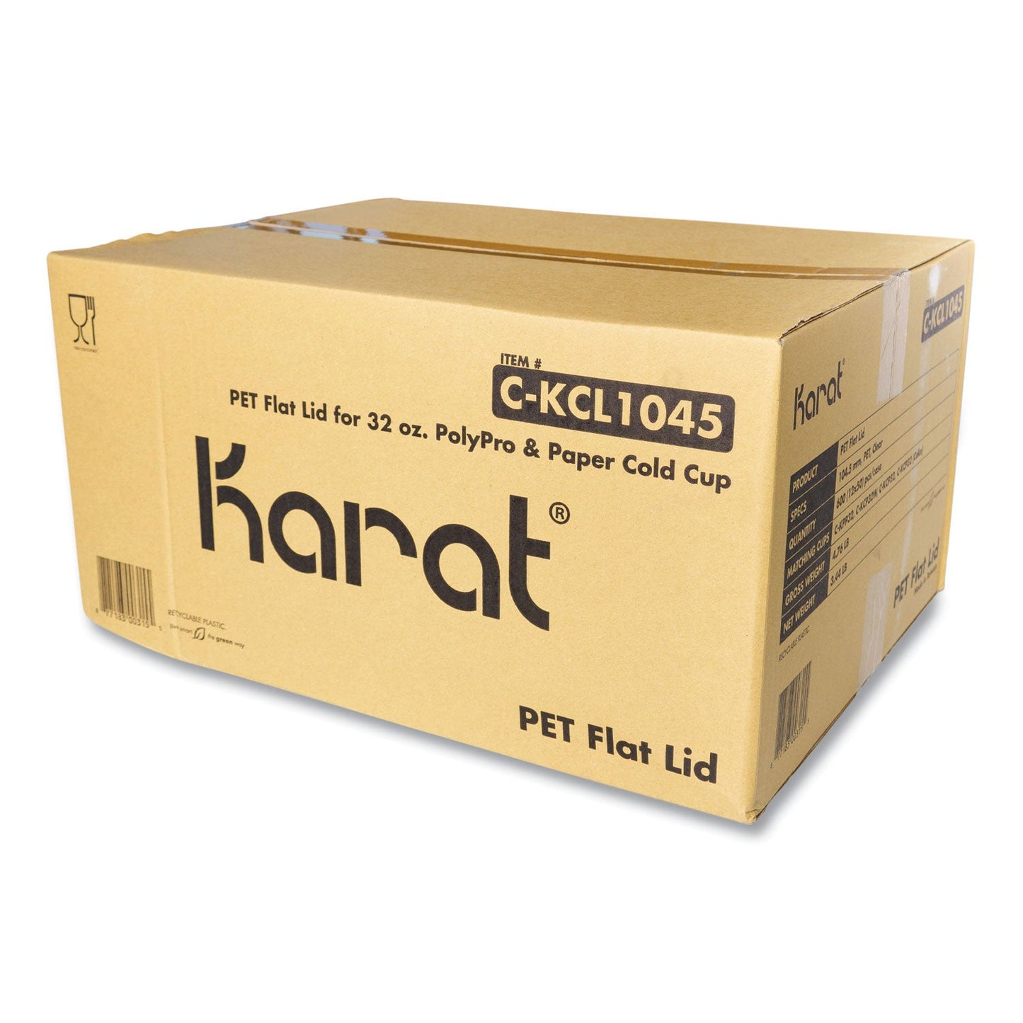 Karat PET Lids, Fits 32 oz Cold Cups, Flat Lid, Clear, 600/Carton (KRTKRTCKCL1045)