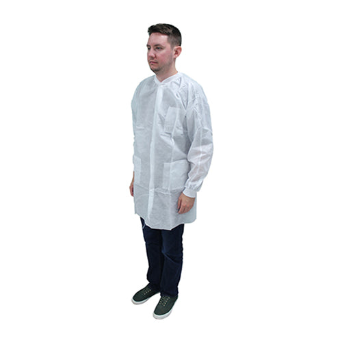 Safety Zone® ProMax® II Lab Coat w/ Pockets, Snap Front, Knit Cuffs & Collar, White, 30/Case, Large (SZNM1740-L)