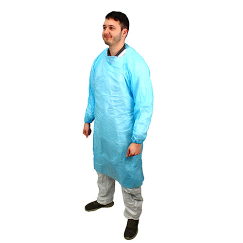 Safety Zone® ProGuard® CPE Isolation Gowns, Long Sleeves, Elastic Wrists, 1.75 Mil, Blue, 50/Bag, 2 Bags/Case, 45" Long (SZNMCPE-45B-EW)