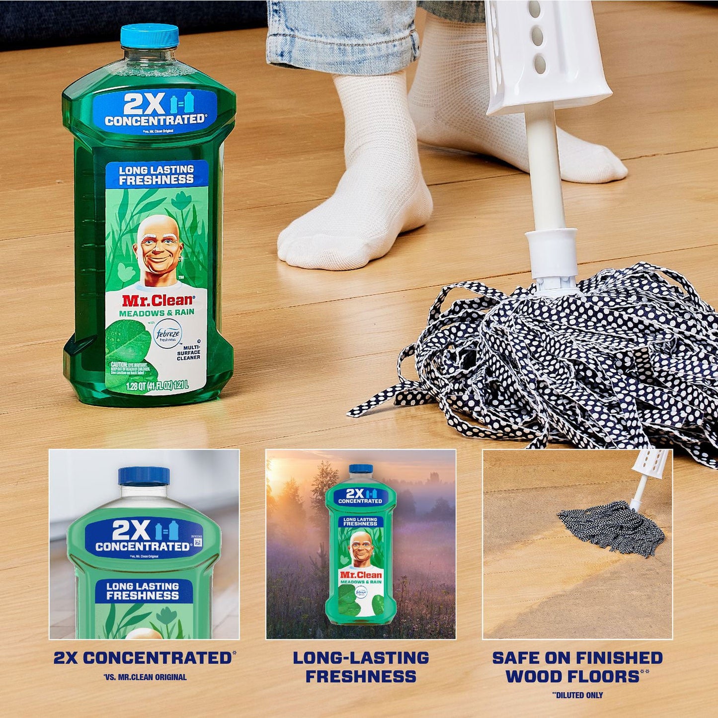 Mr. Clean Multipurpose Cleaning Solution with Febreze, Meadows and Rain, 64 oz Bottle, 4/Carton (PGC10725)