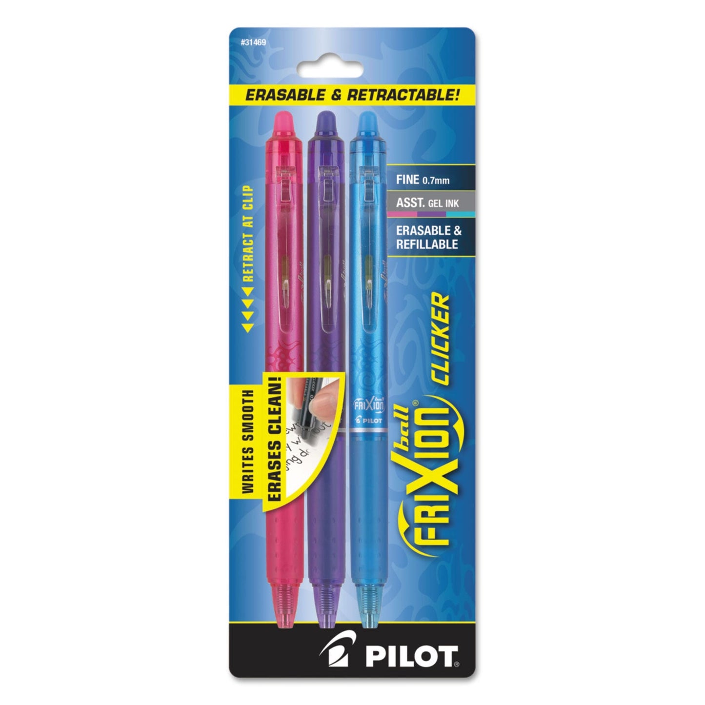 Pilot FriXion Clicker Erasable Retractable Gel Pen, 0.7 mm, Assorted Ink/Barrel, 3/Pack (PIL31469)