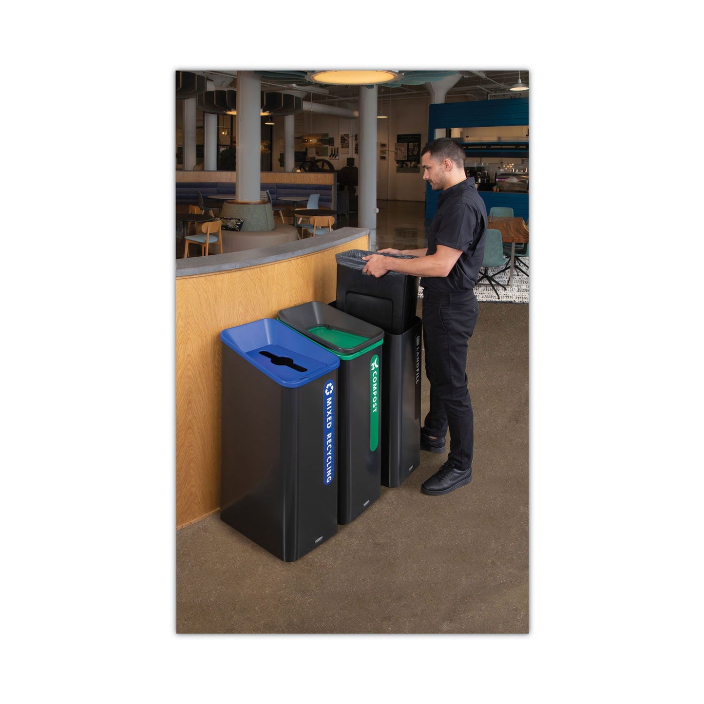 Rubbermaid Sustain Decorative Refuse with Recycling Lid, 15 gal, Metal/Plastic, Black (RCP2078967)