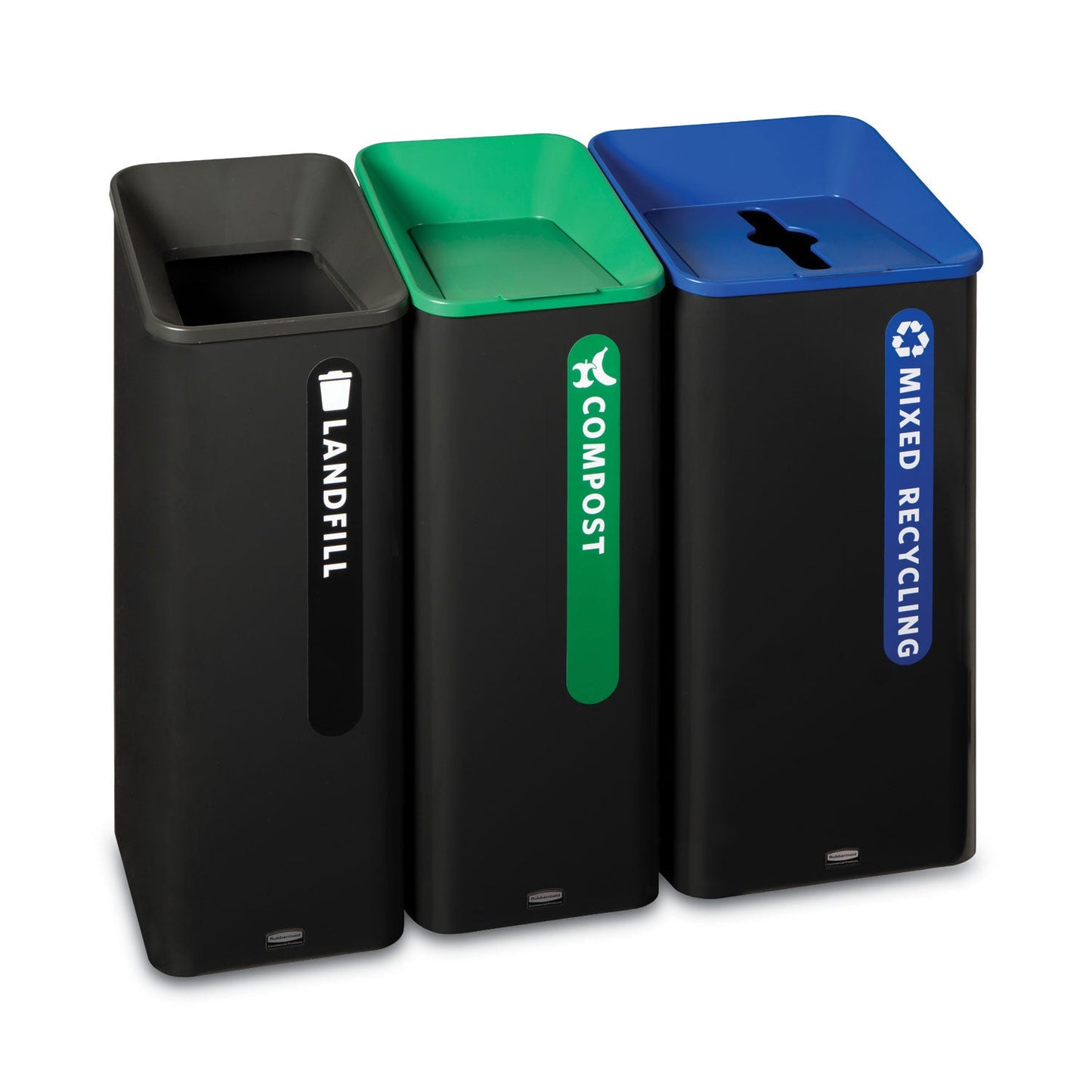 Rubbermaid Sustain Decorative Refuse with Recycling Lid, 23 gal, Metal/Plastic, Black/Blue (RCP2078980)