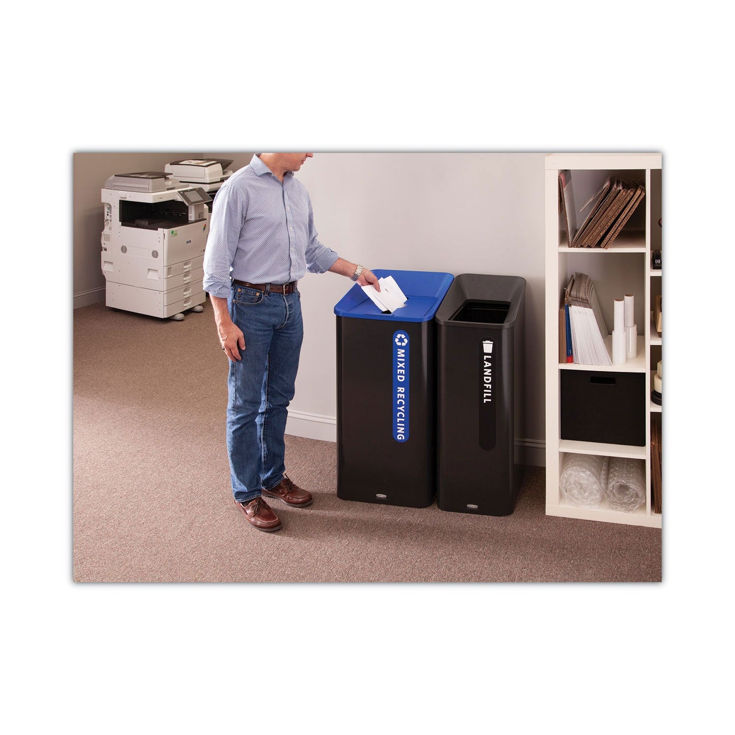 Rubbermaid Sustain Decorative Refuse with Recycling Lid, 23 gal, Metal/Plastic, Black/Blue (RCP2078980)