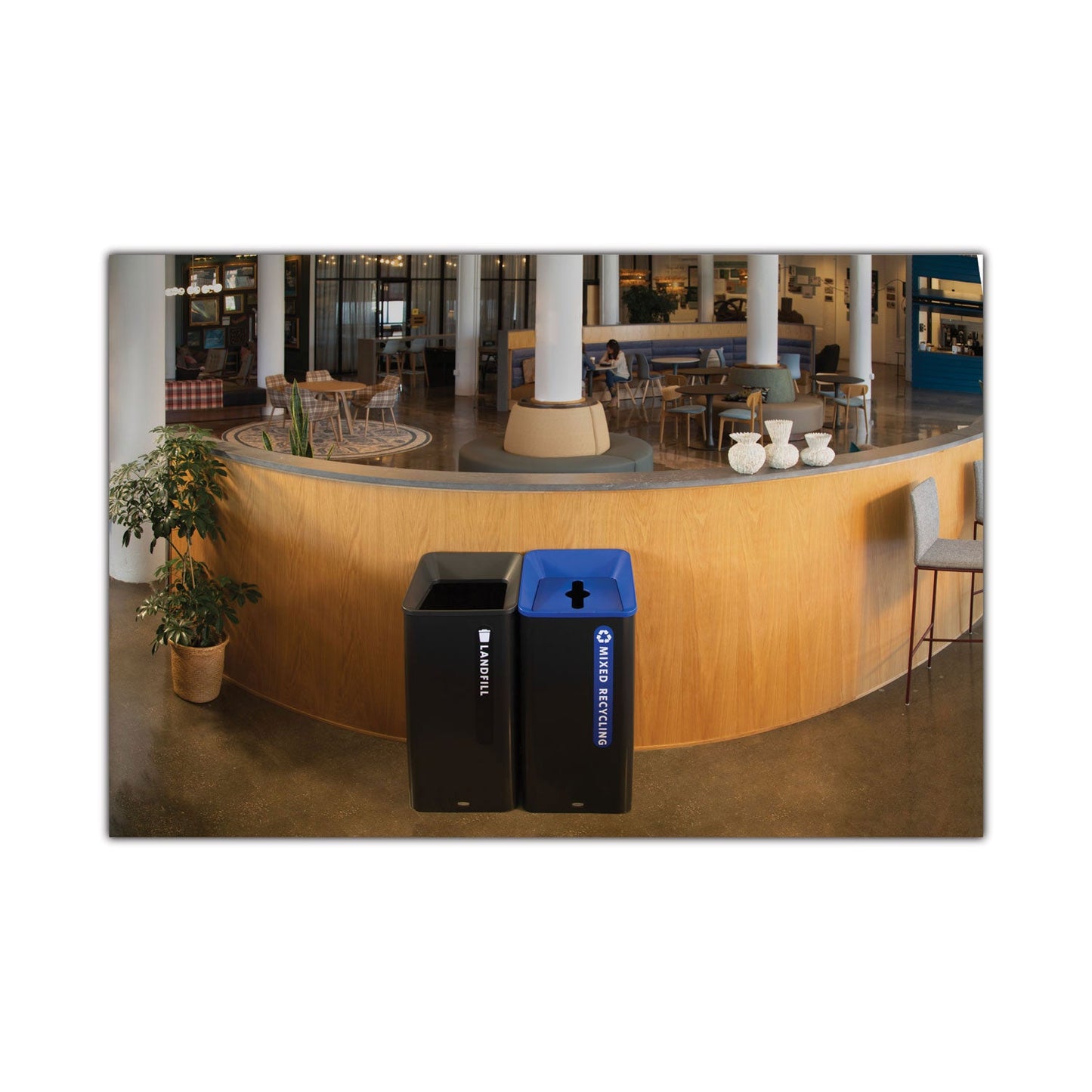 Rubbermaid Sustain Decorative Refuse with Recycling Lid, 23 gal, Metal/Plastic, Black/Blue (RCP2078980)