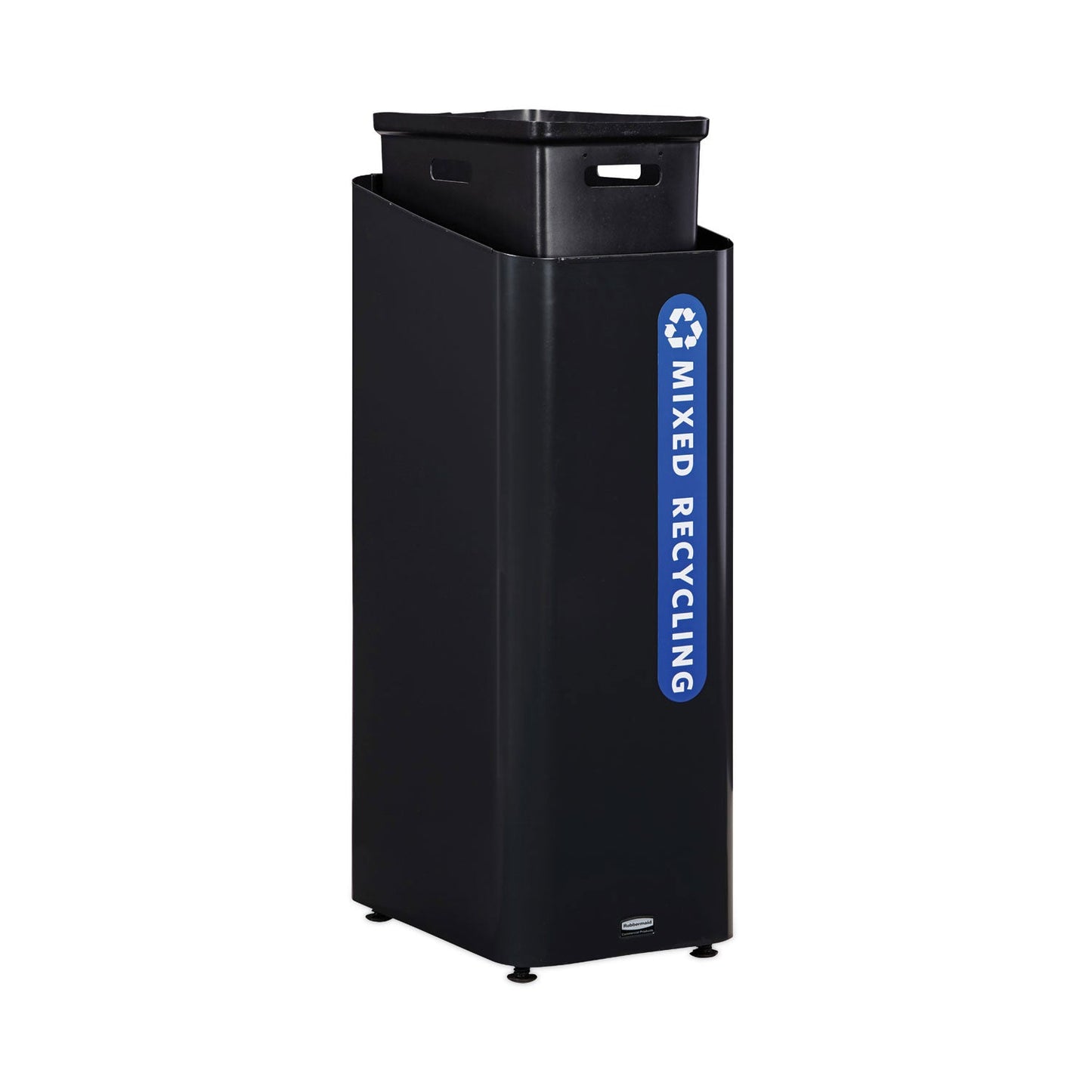 Rubbermaid Sustain Decorative Refuse with Recycling Lid, 15 gal, Metal/Plastic, Black/Blue (RCP2078994)