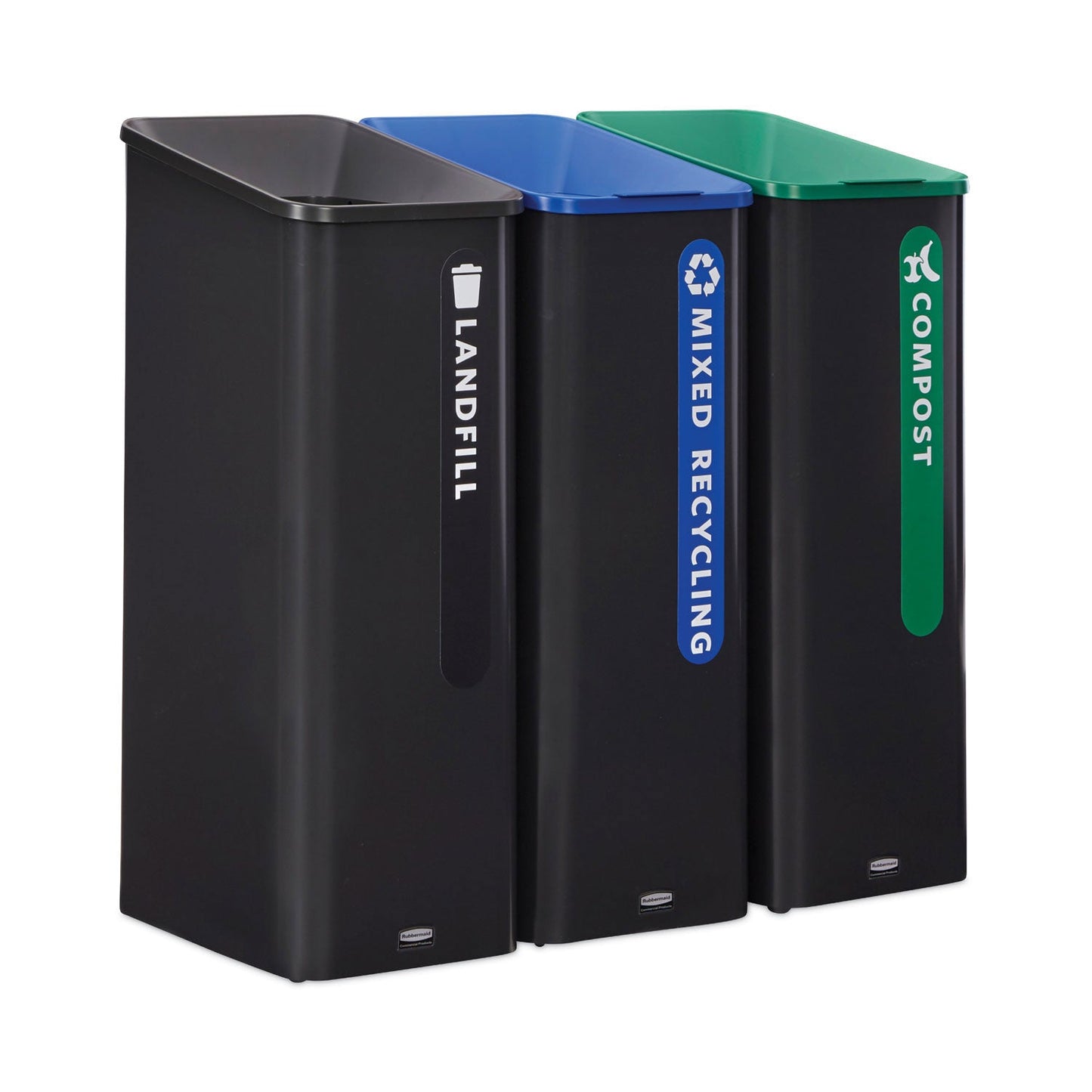 Rubbermaid Sustain Decorative Refuse with Recycling Lid, 15 gal, Metal/Plastic, Black/Blue (RCP2078994)