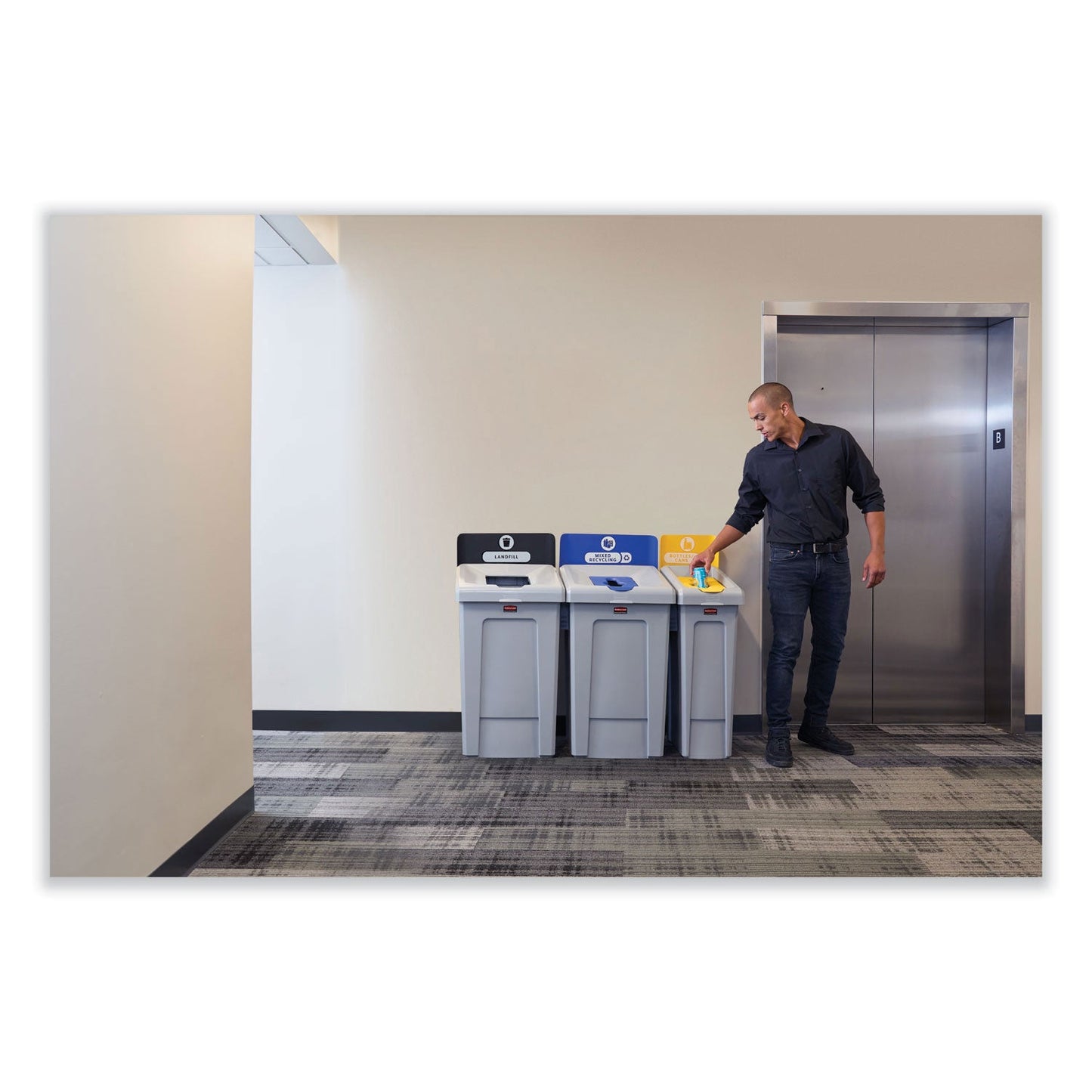 Rubbermaid Slim Jim Recycling Station 1-Stream, Mixed Recycling Station, 33 gal, Resin, Gray (RCP2171557)