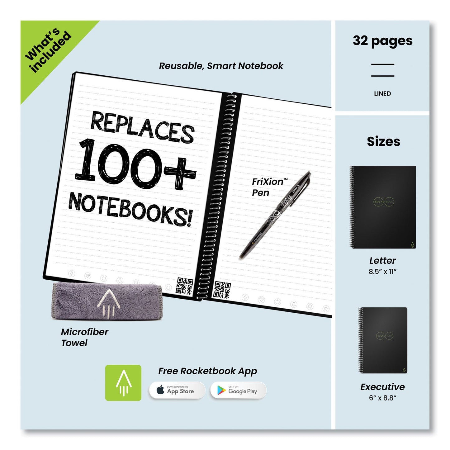 Rocketbook Core Smart Notebook, Lined Rule, Teal Cover, (18) 8.8 x 6 Sheets (RKBEVR2EKCCE)