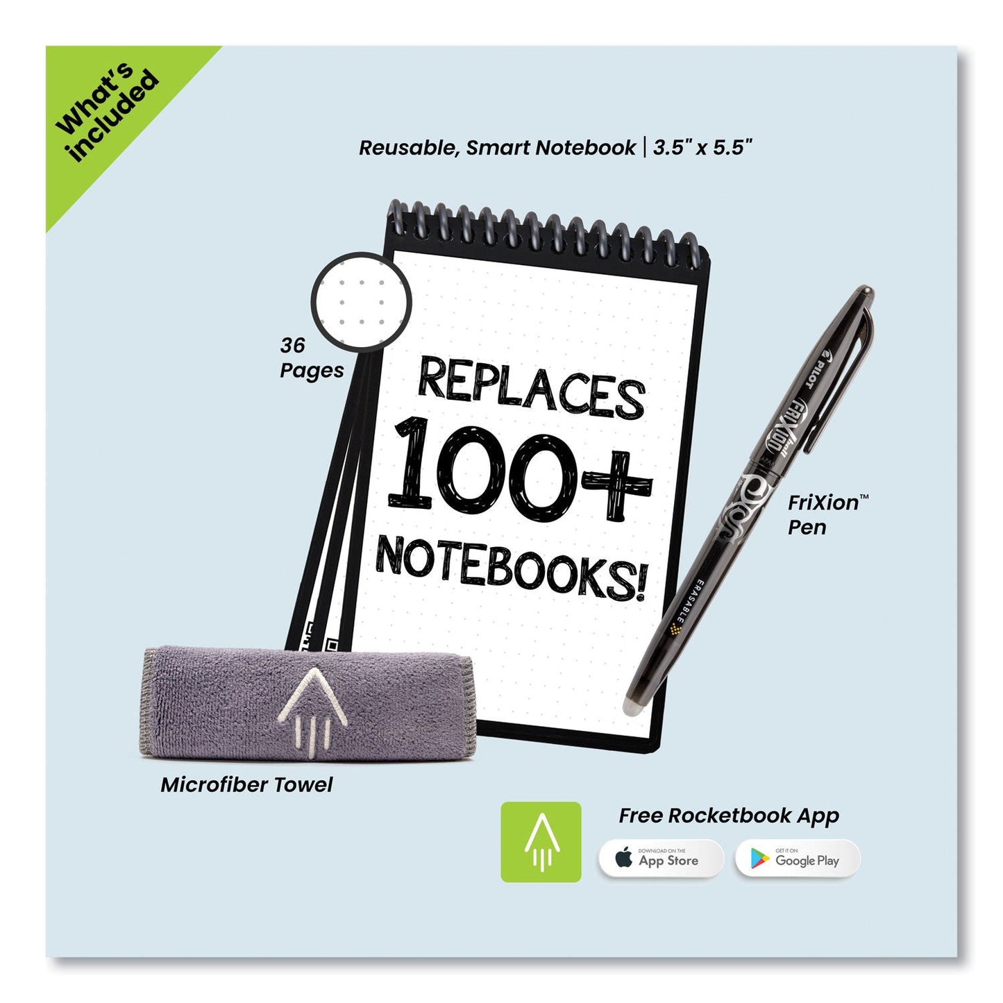 Rocketbook Mini Notepad, Black Cover, Dot Grid Rule, 3.5 x 5.5, Black/White, 24 Sheets (RKBEVRMKA)