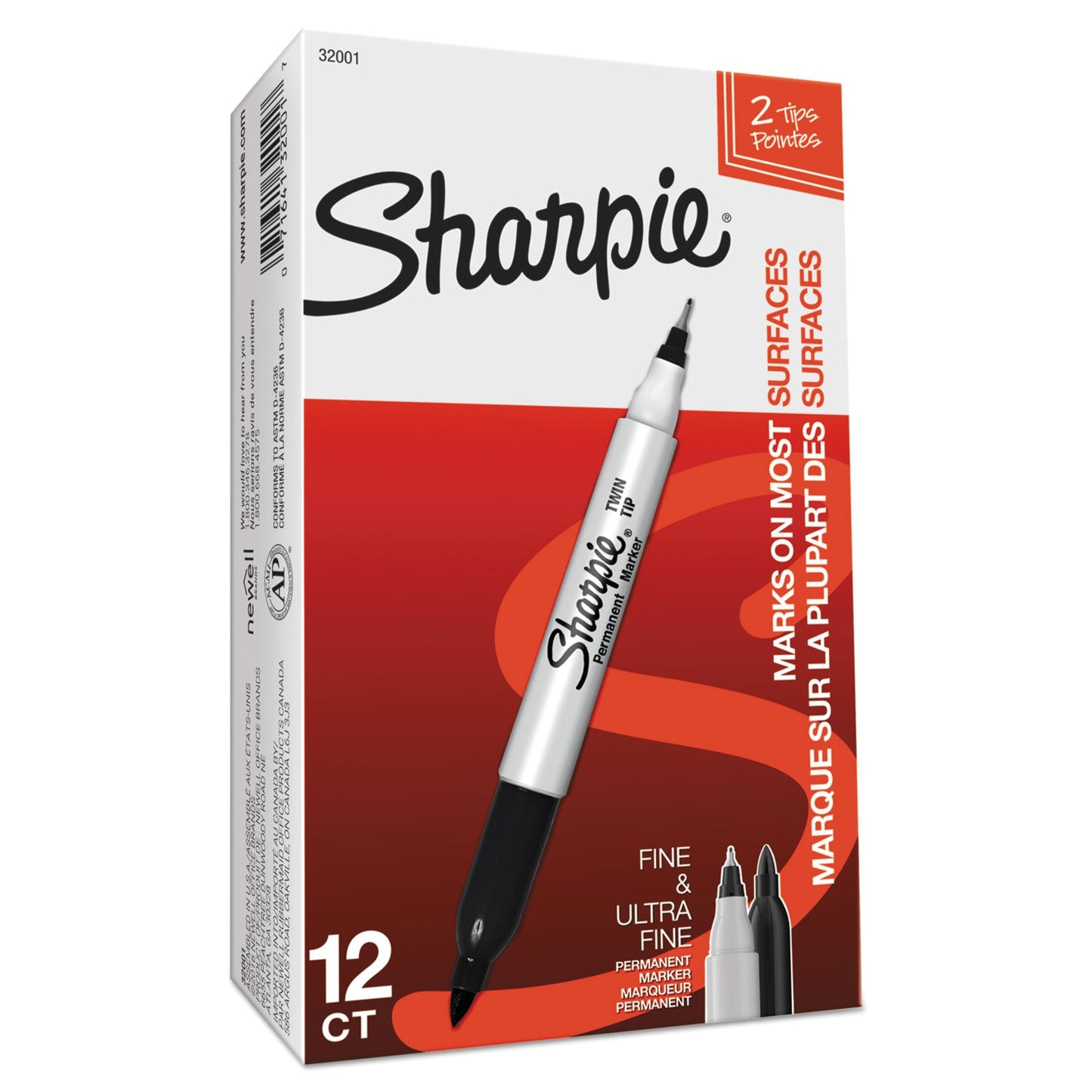 Sharpie Twin-Tip Permanent Marker, Fine/Extra-Fine Bullet Tip, Black, Dozen (SAN32001BX)