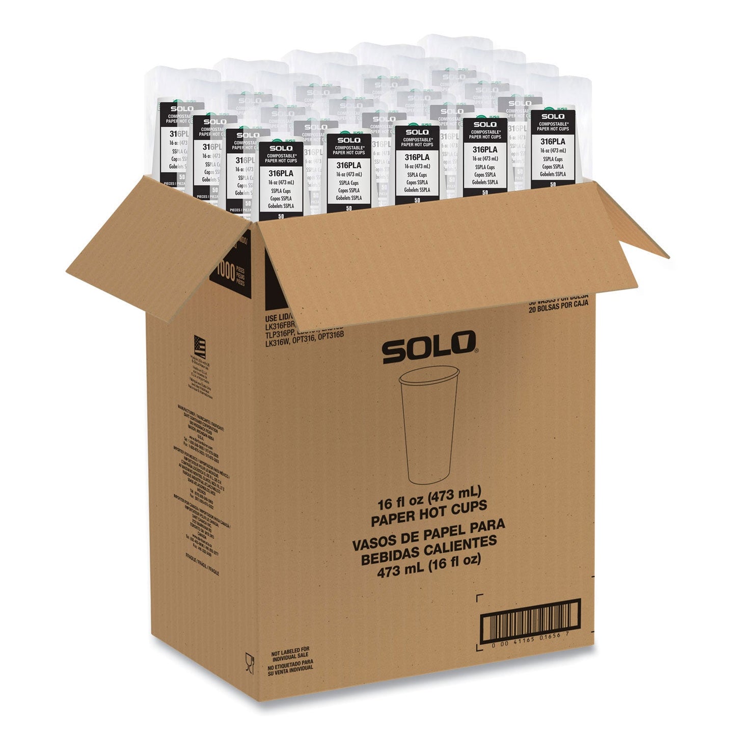 SOLO Compostable Paper Hot Cups, ProPlanet Seal, 16 oz, White/Green, 1,000/Carton (SCC316PLAPLANET)