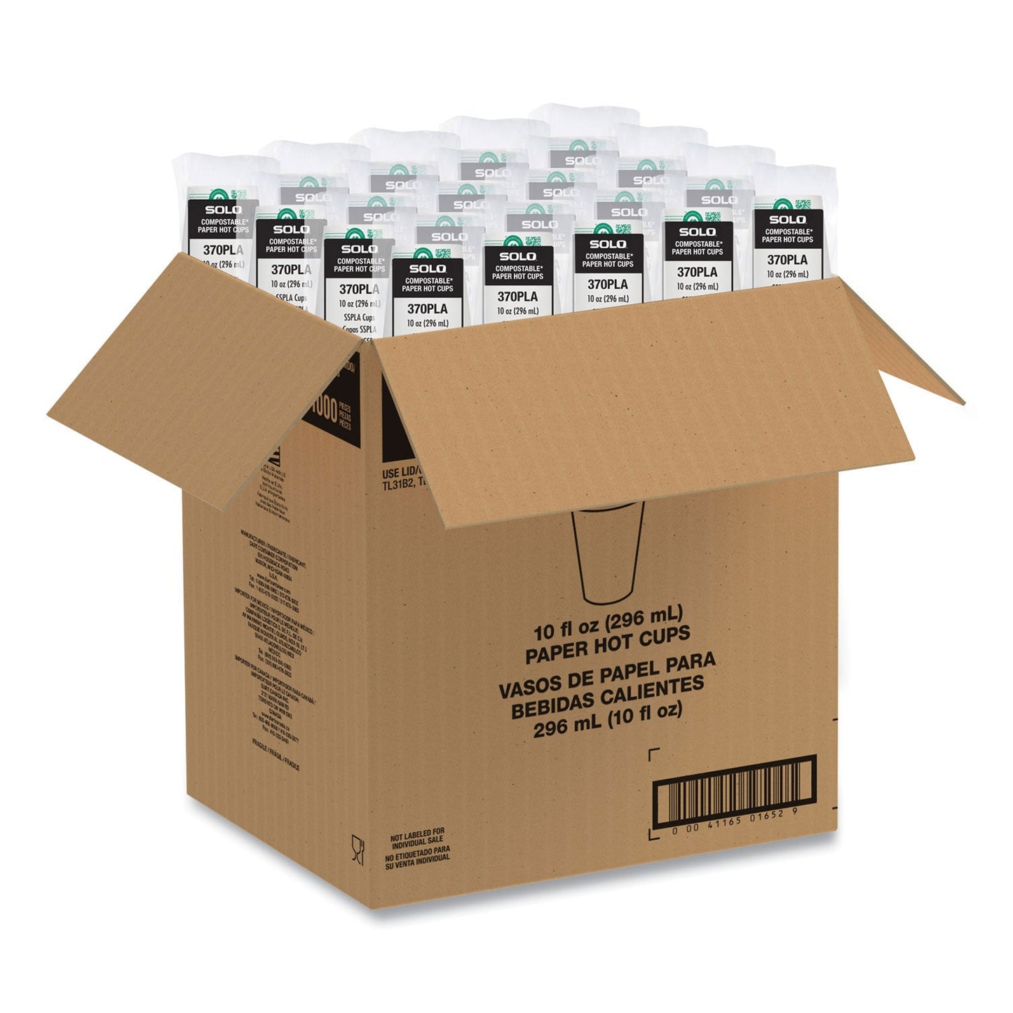 SOLO Compostable Paper Hot Cups, ProPlanet Seal, 10 oz, White/Green, 1,000/Carton (SCC370PLAPLANET)