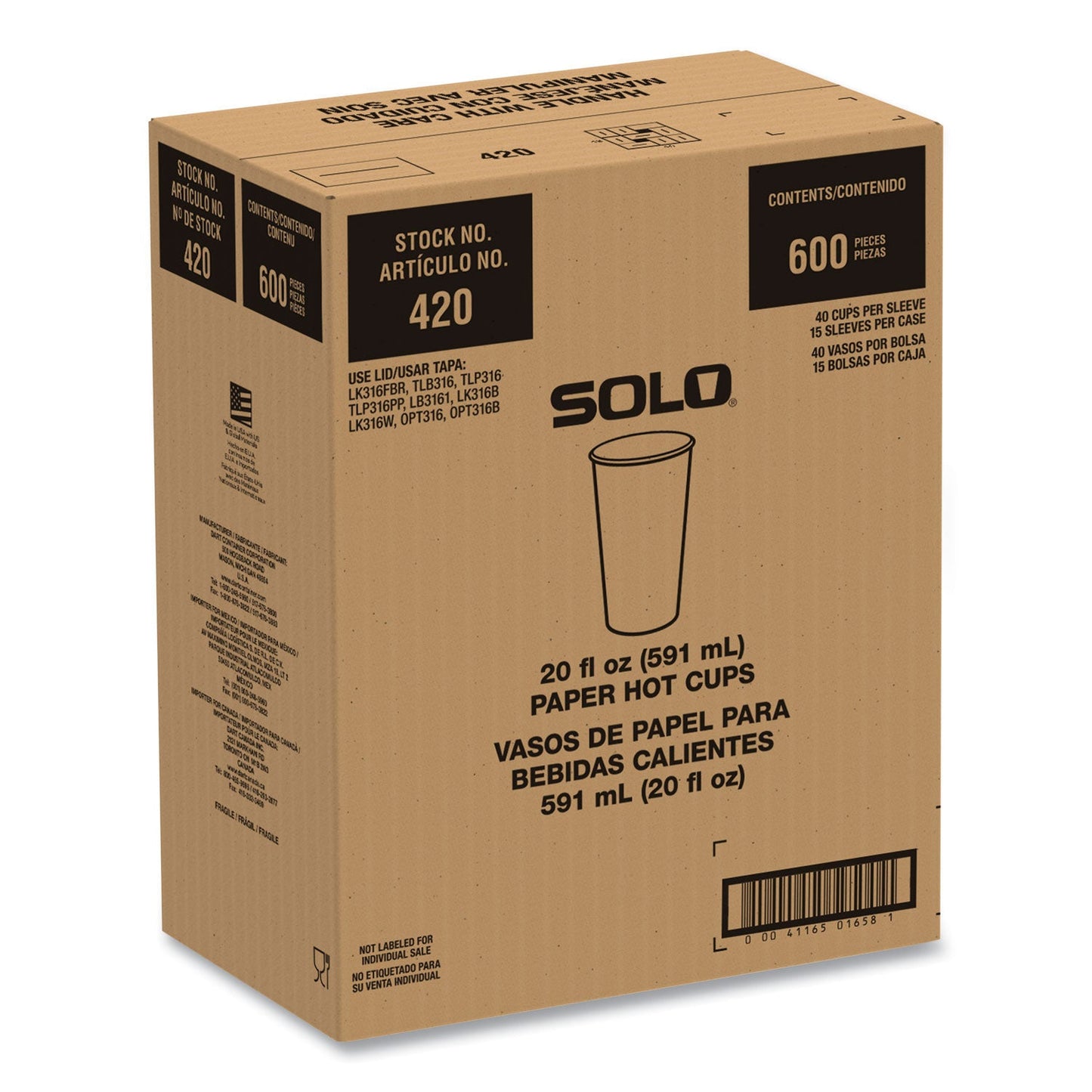 SOLO Compostable Paper Hot Cups, ProPlanet Seal, 20 oz, White/Green, 600/Carton (SCC420PLAPLANET)