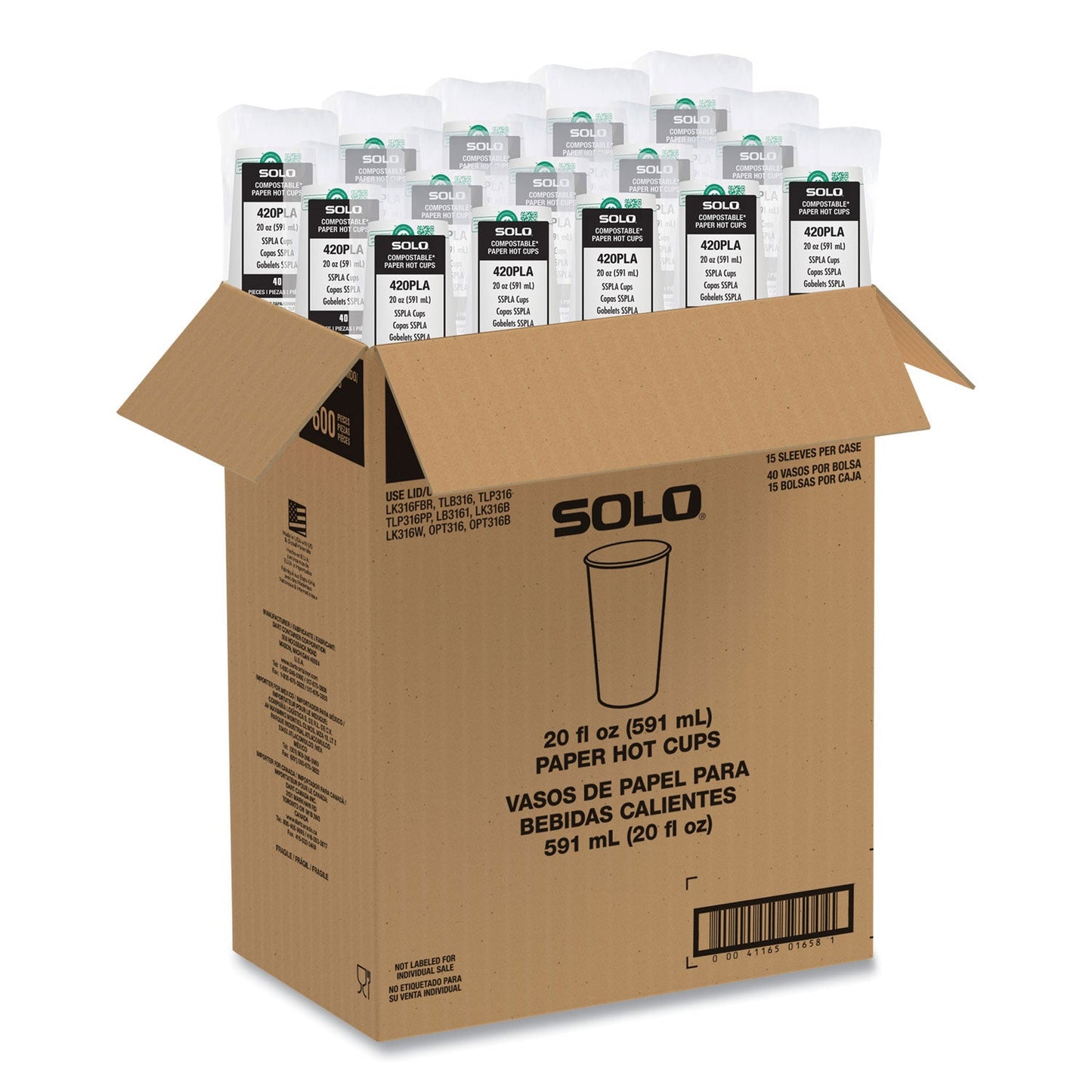 SOLO Compostable Paper Hot Cups, ProPlanet Seal, 20 oz, White/Green, 600/Carton (SCC420PLAPLANET)
