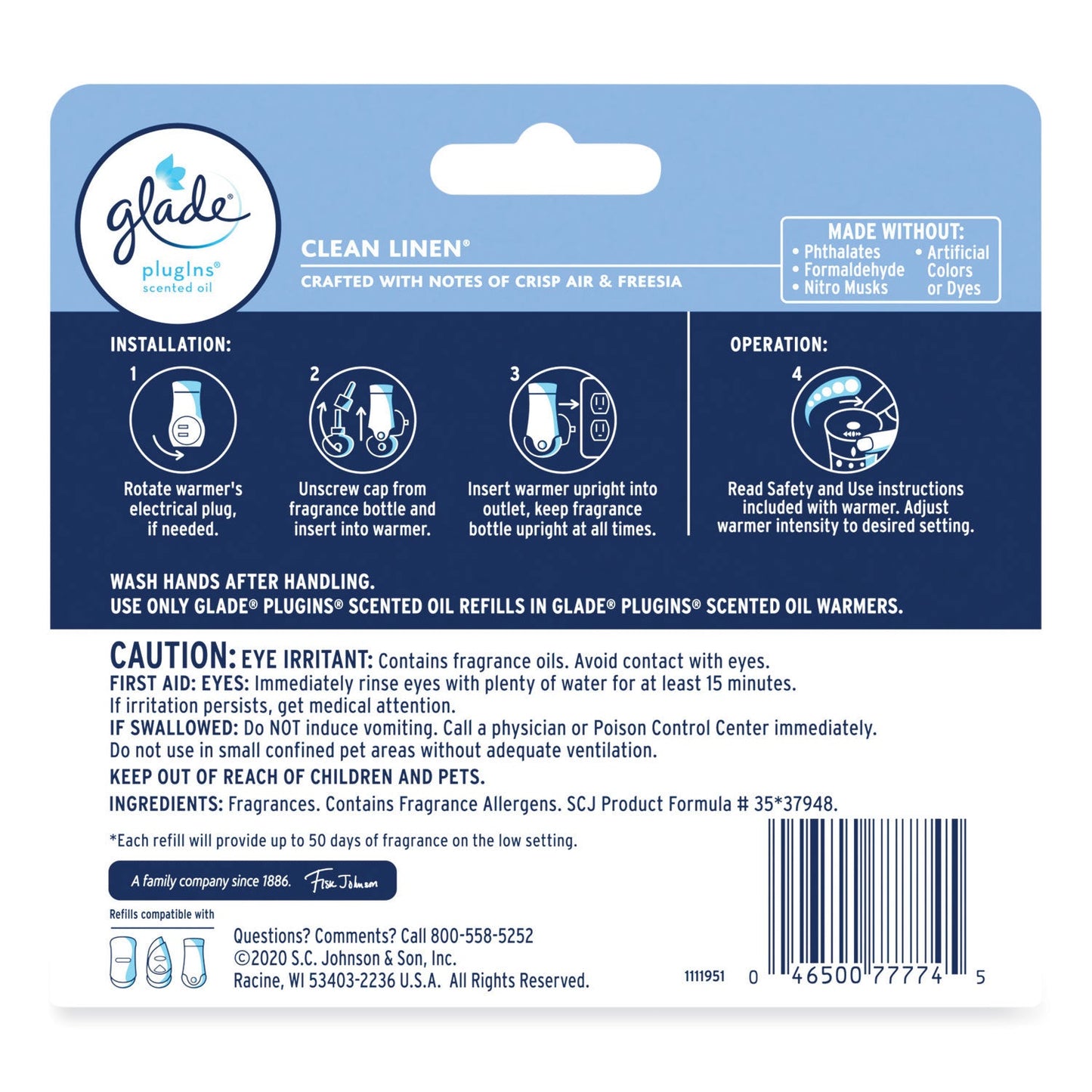 Glade Plugins Scented Oil Refill, Clean Linen, 0.67 oz, 5/Pack (SJN322829)