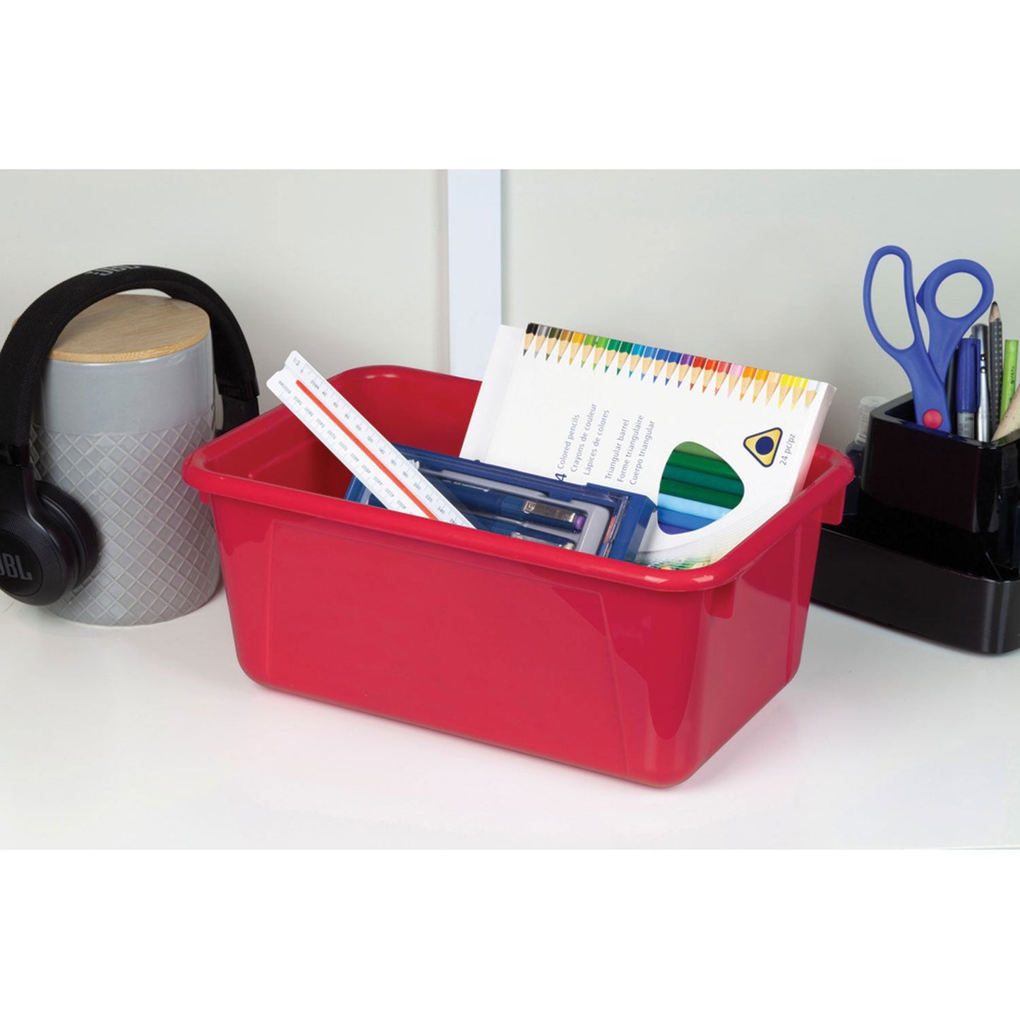 Storex Cubby Bin with Lid, 12.28 x 7.95 x 5.23, Red, 5/Pack (STX62407U05C)