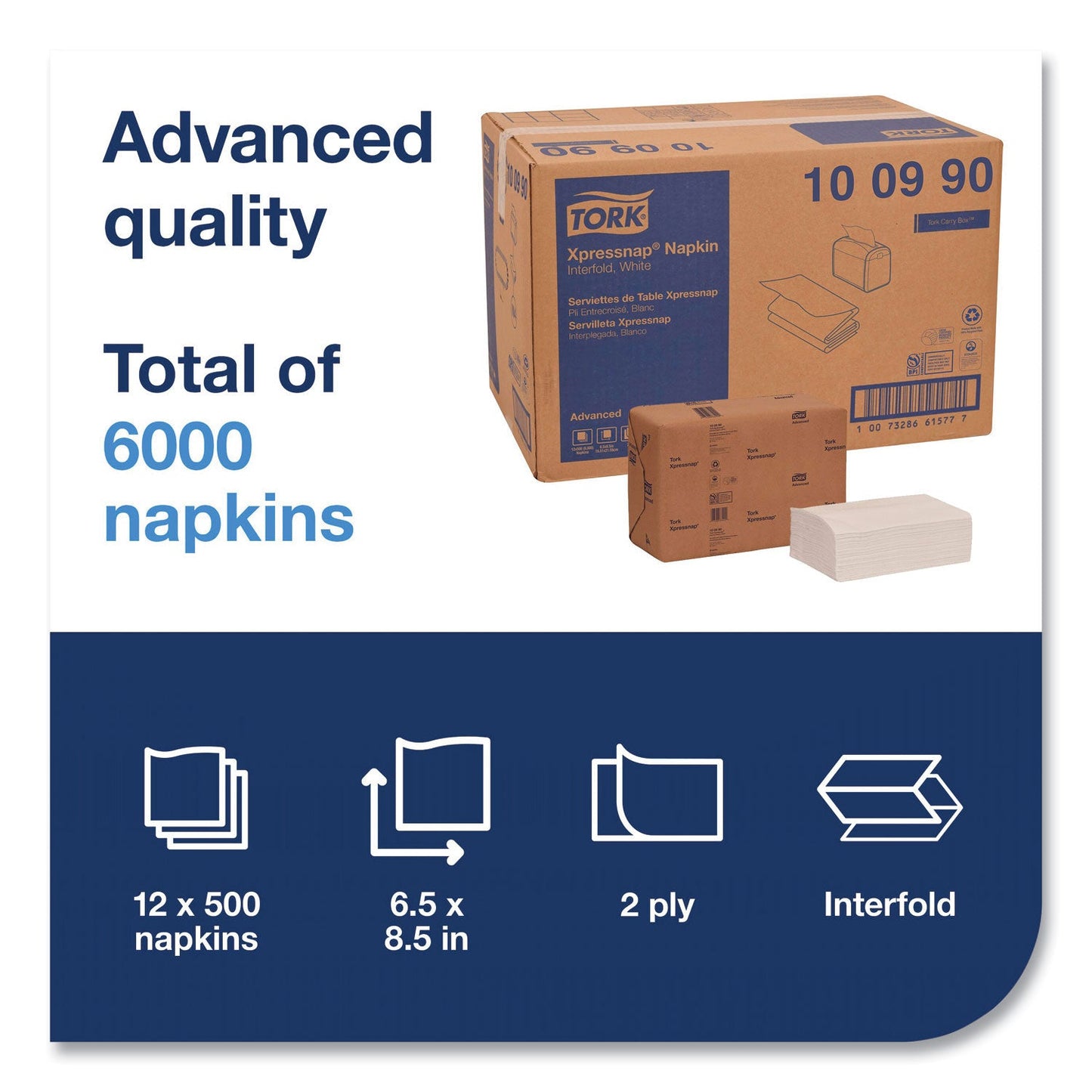 Tork Xpressnap Interfold Dispenser Napkins, 2-Ply, 6.5 x 8.5, White, 500/Pack, 12 Packs/Carton (TRK100990)