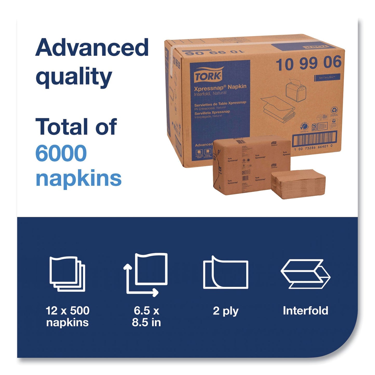 Tork Xpressnap Interfold Dispenser Napkins, 2-Ply, 6.5 x 8.5, Natural, 500/Pack, 12 Packs/Carton (TRK109906)