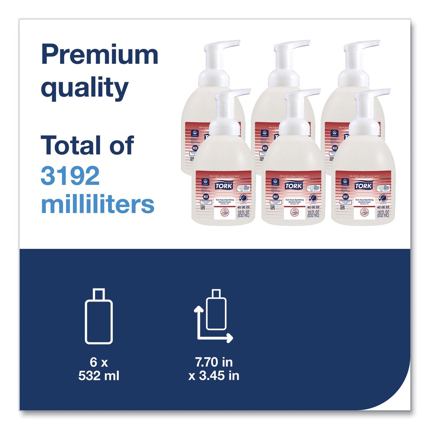 Tork Alcohol Foam Hand Sanitizer, 18 oz Pump Bottle, Unscented, 6/Carton (TRK400022)