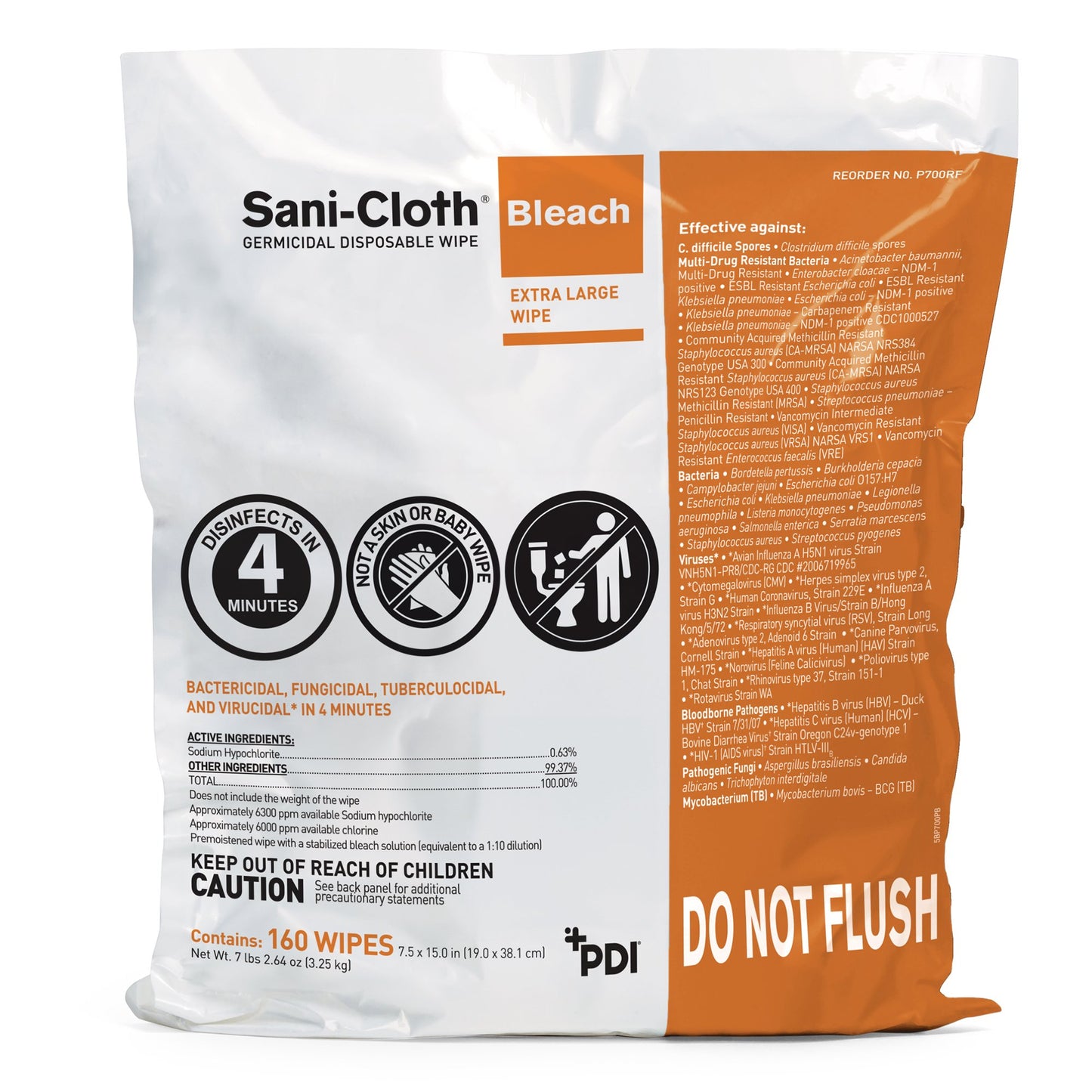 Sani-Cloth® Bleach Surface Disinfectant Cleaner Refill Premoistened Germicidal Manual Pull Wipe 160 Count Bag Chlorine Scent NonSterile (876340_PK)