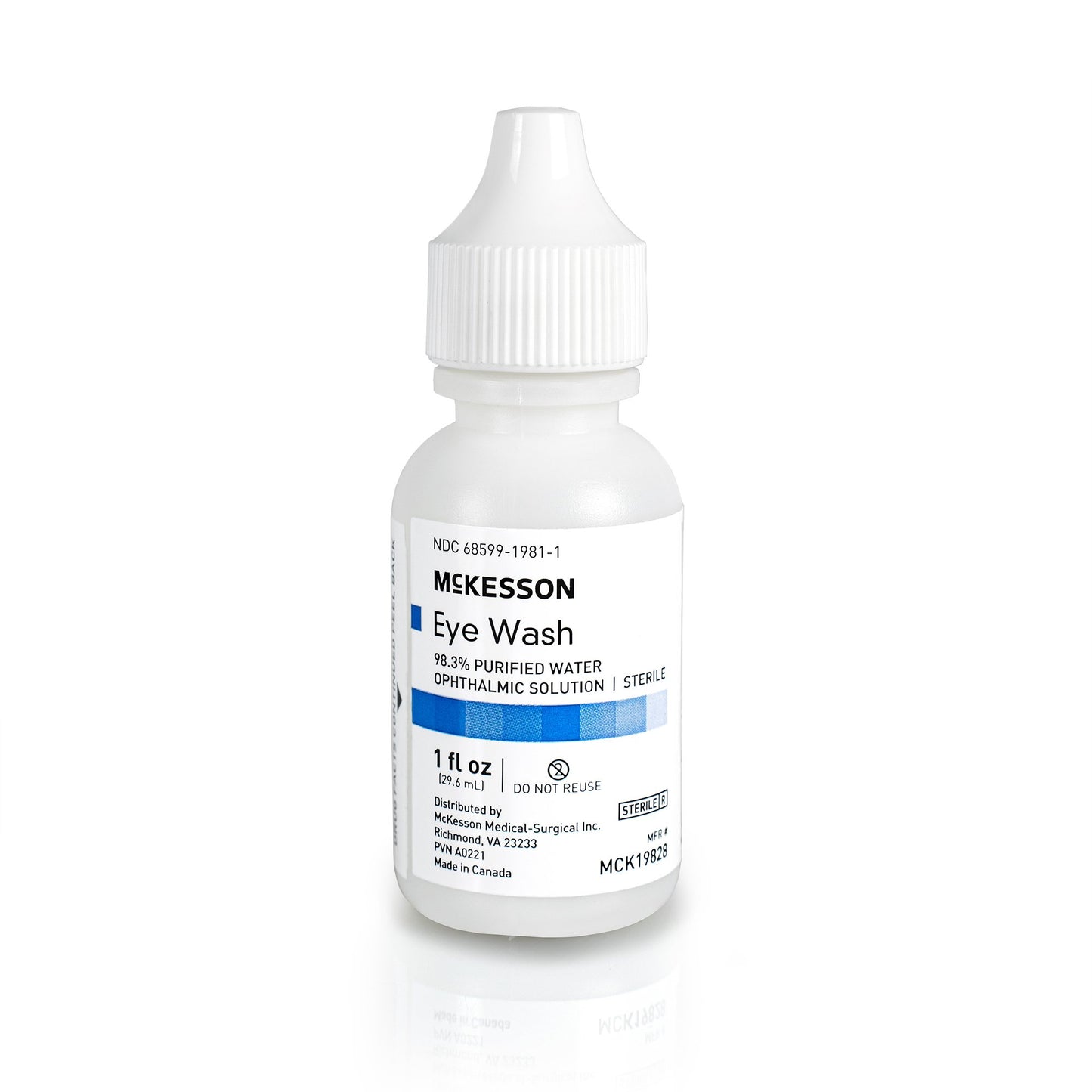 McKesson Eyewash Solution Active ingredient: 98.3% Purified Water Inactive ingredients: boric acid, sodium borate, sodium chloride 1 oz. Squeeze Bottle (1188884_EA)